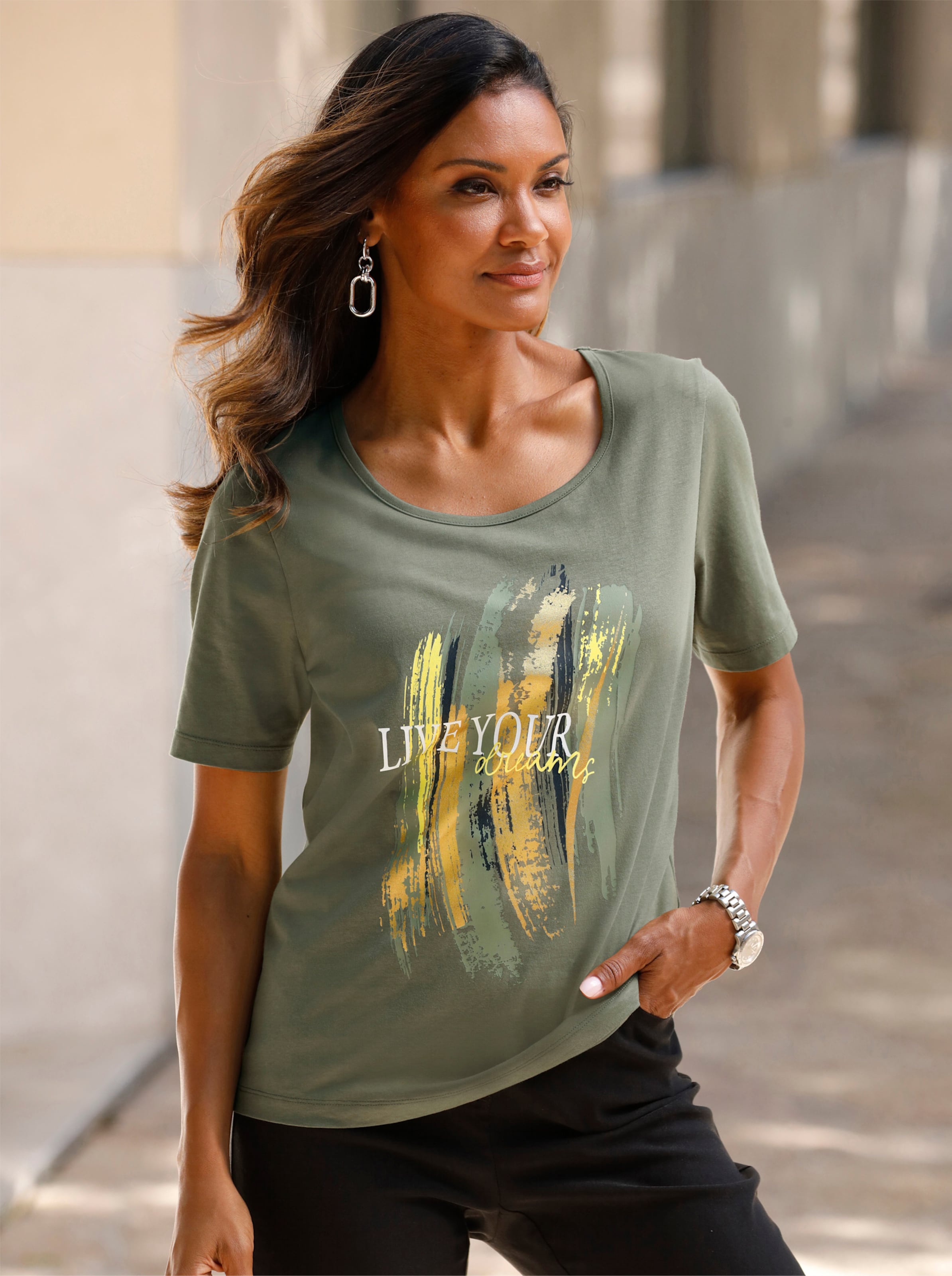 Witt Damen Kurzarmshirt mit Glitzer-Print, khaki-limone