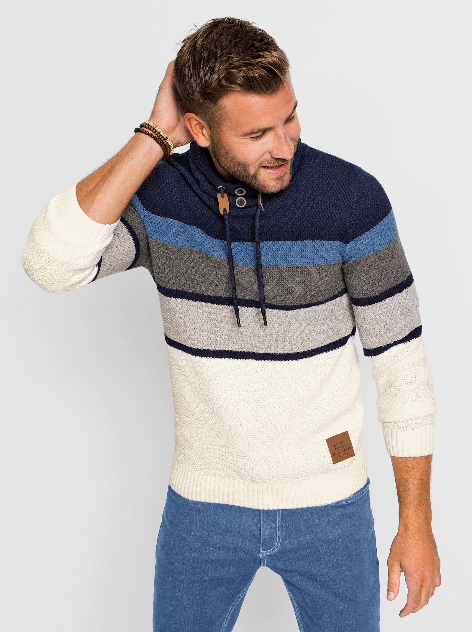 Catamaran Pullover met rolkraag en streeppatroon - marine/ecru gestreept