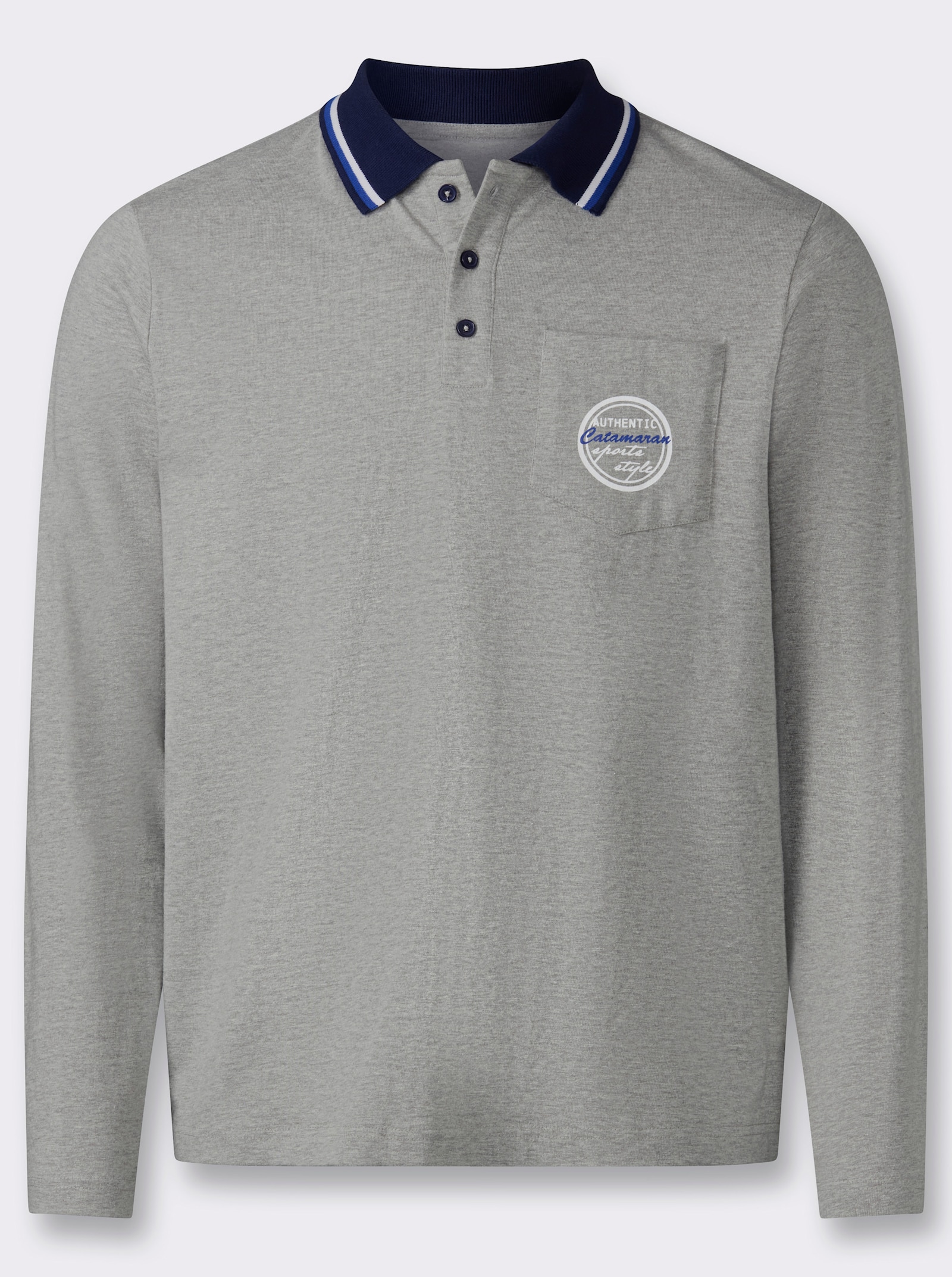 Langarm-Poloshirt mit Brusttasche - grau-meliert