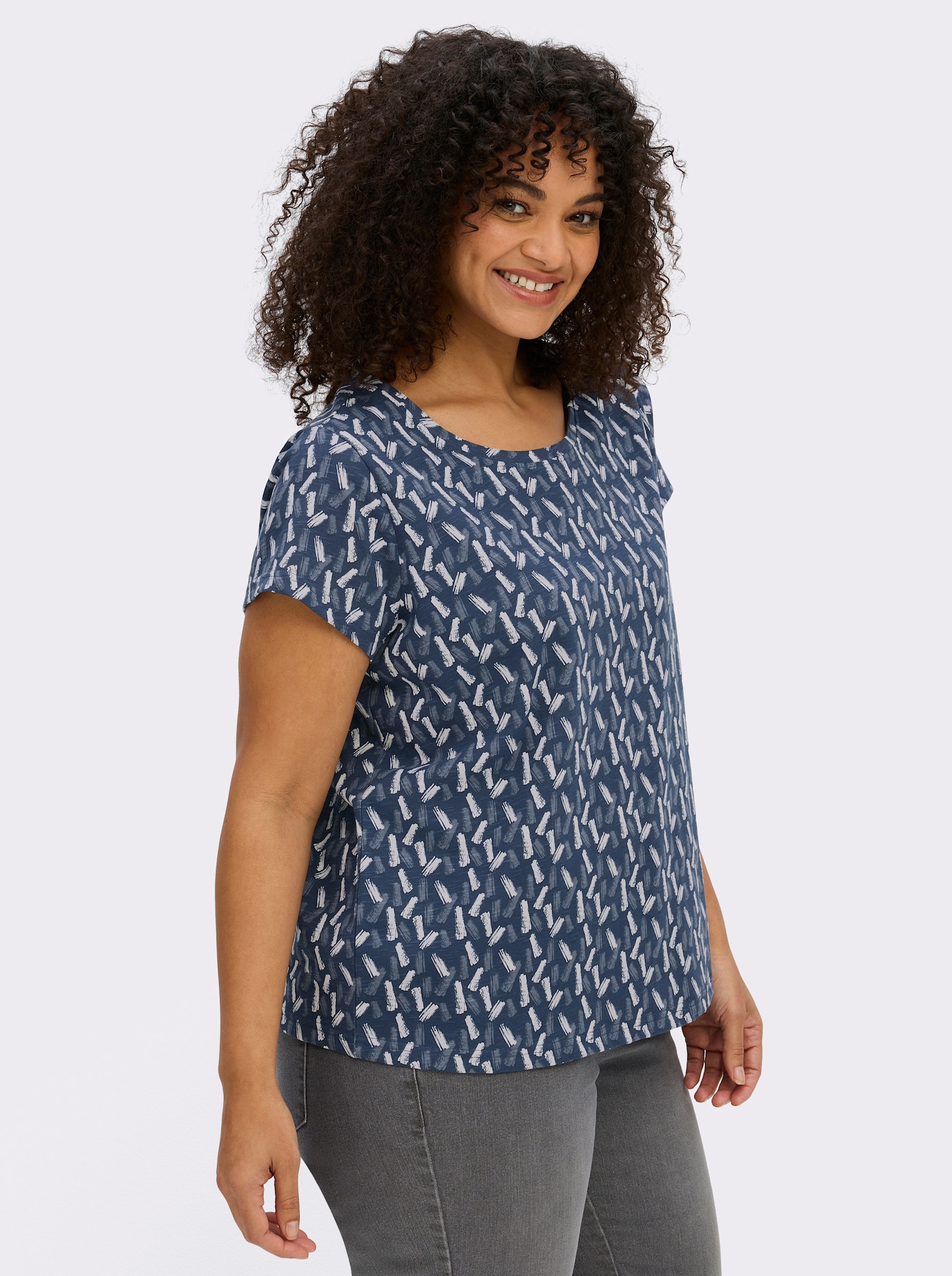 Rundhalsshirt mit Flammgarn-Struktur - dunkelblau-ecru-bedruckt