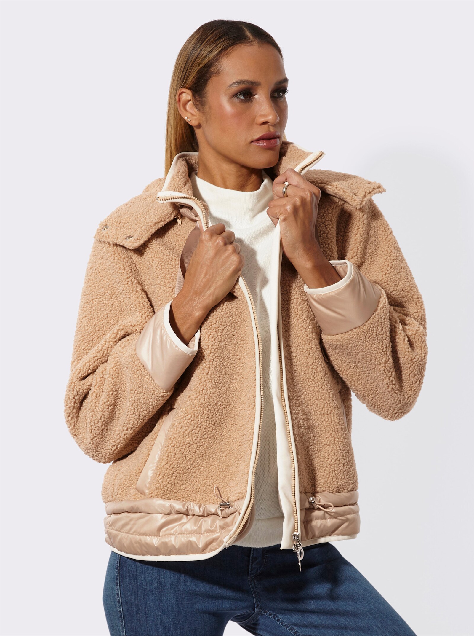 Fleecejacke mit abnehmbarer Kapuze - beige