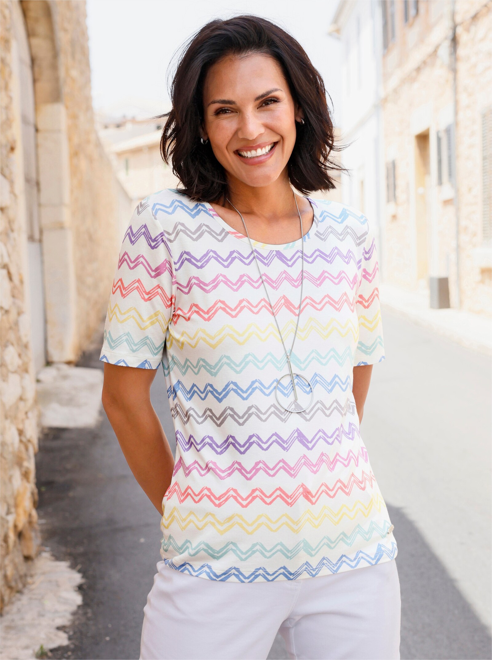 Rundhalsshirt mit Stretch-Anteil - orchidee-zitrone-bedruckt