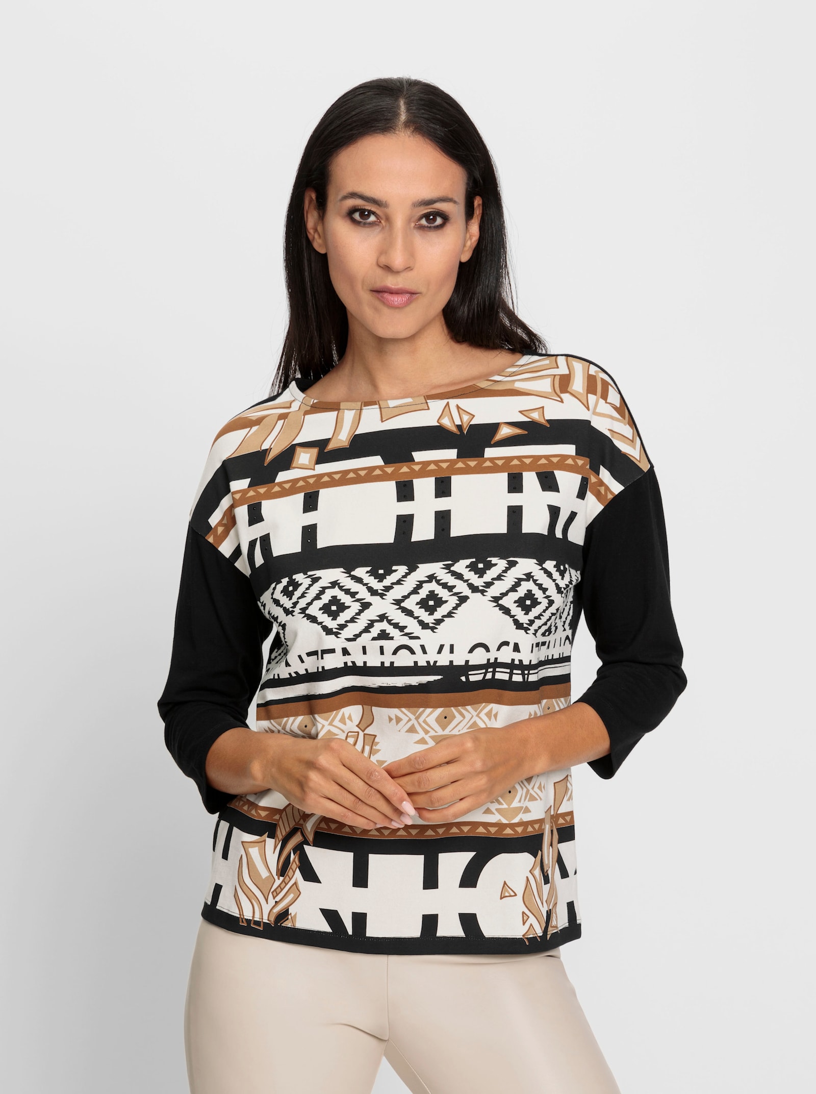 heine Shirt met 3/4-mouwen en etnoprint - camel/zwart geprint