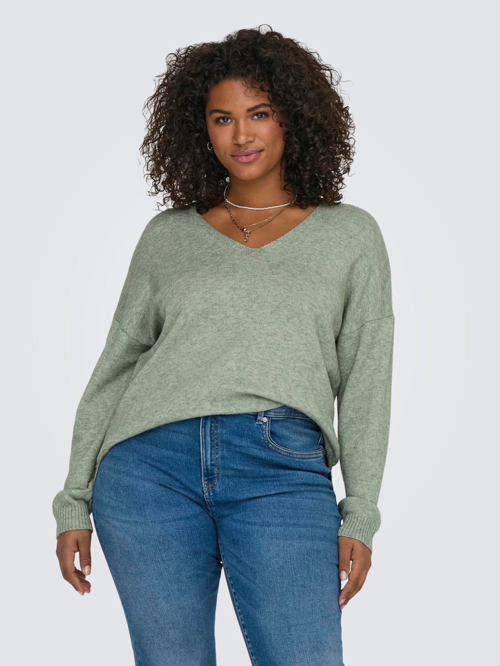 ONLY CARMAKOMA V-Ausschnitt-Pullover - basil detail:melange