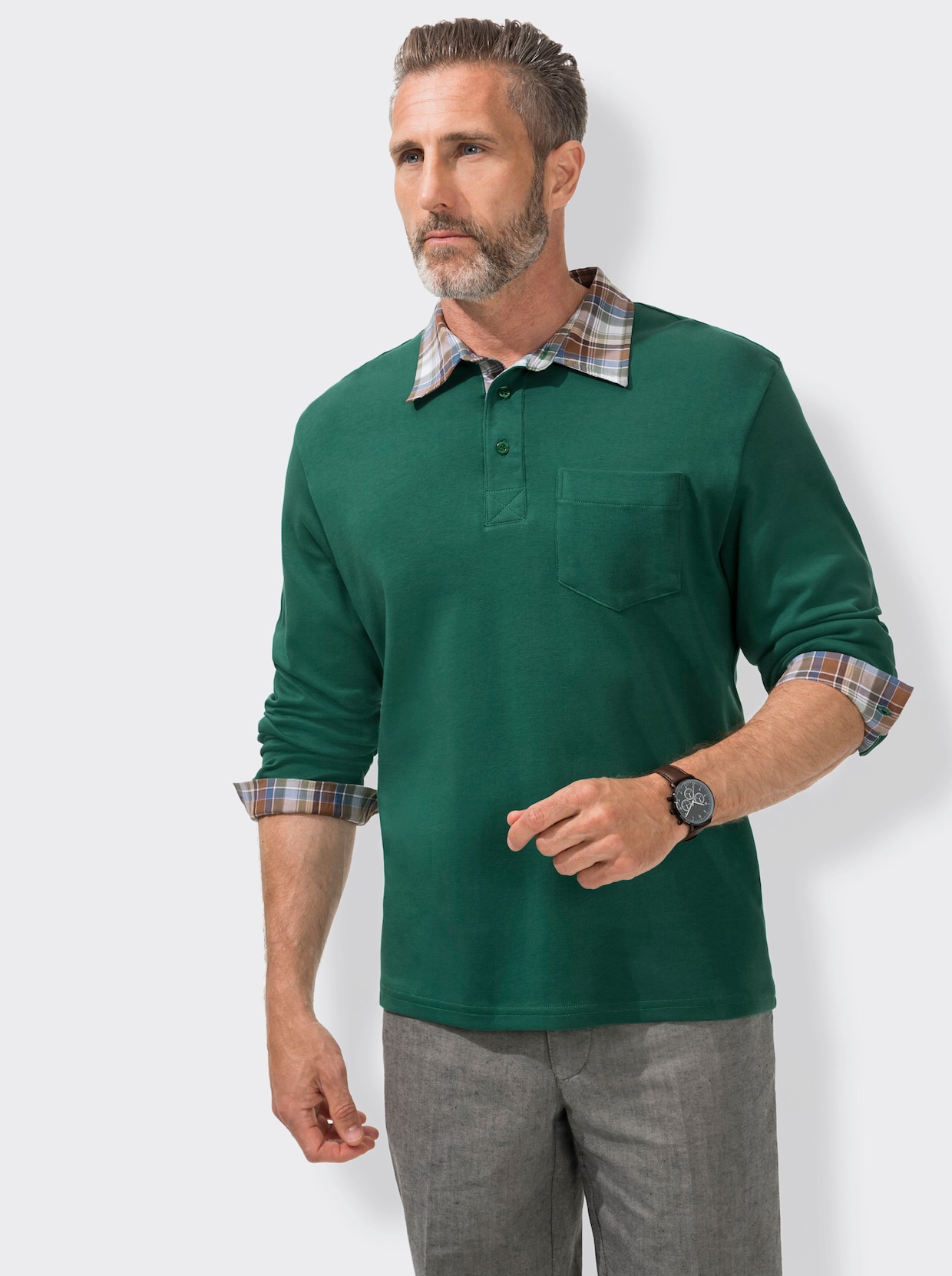 Langarm-Poloshirt - moosgrün