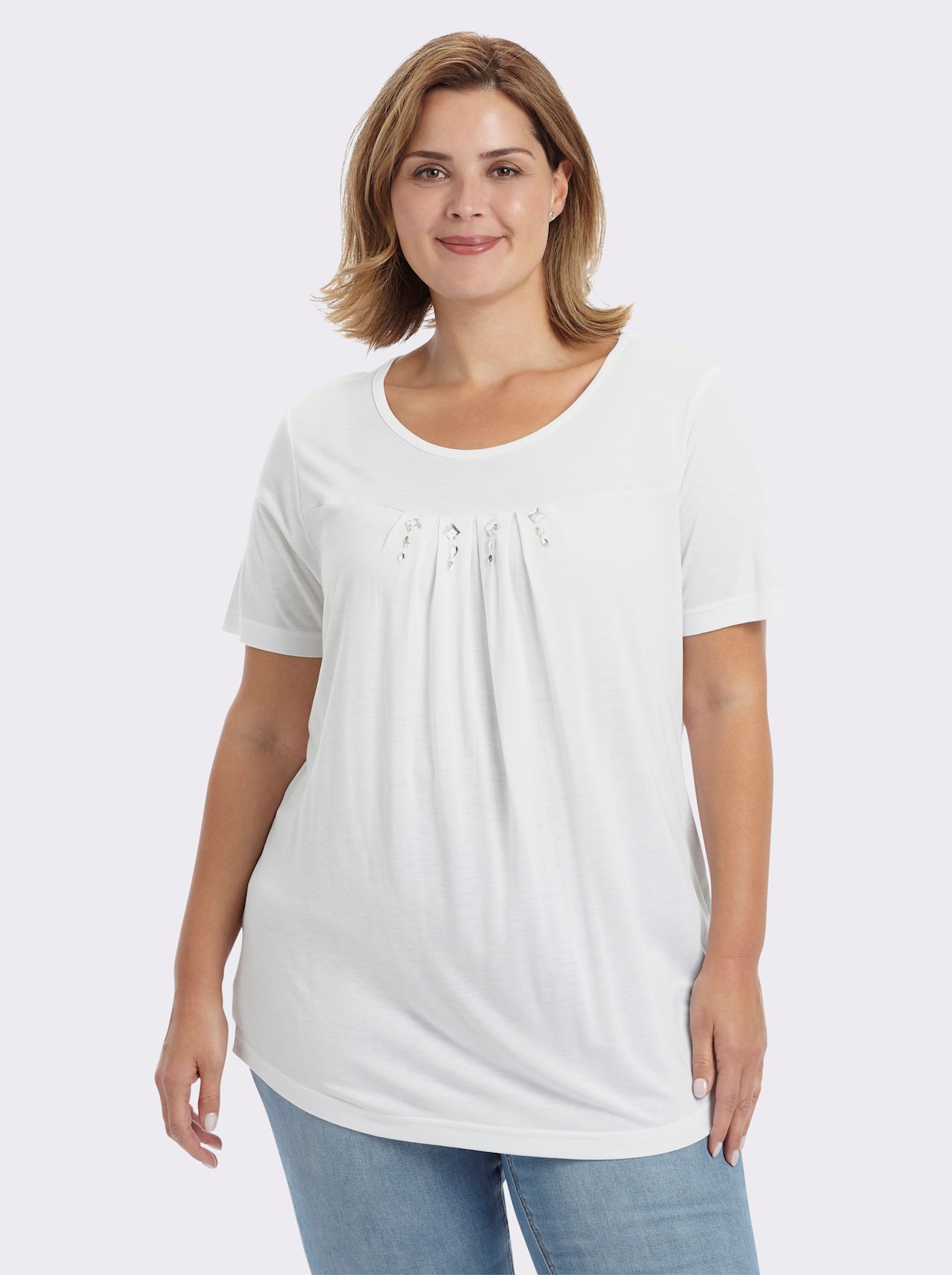 Kurzarmshirt mit Ziersteinchen, reine Viskose - weiß