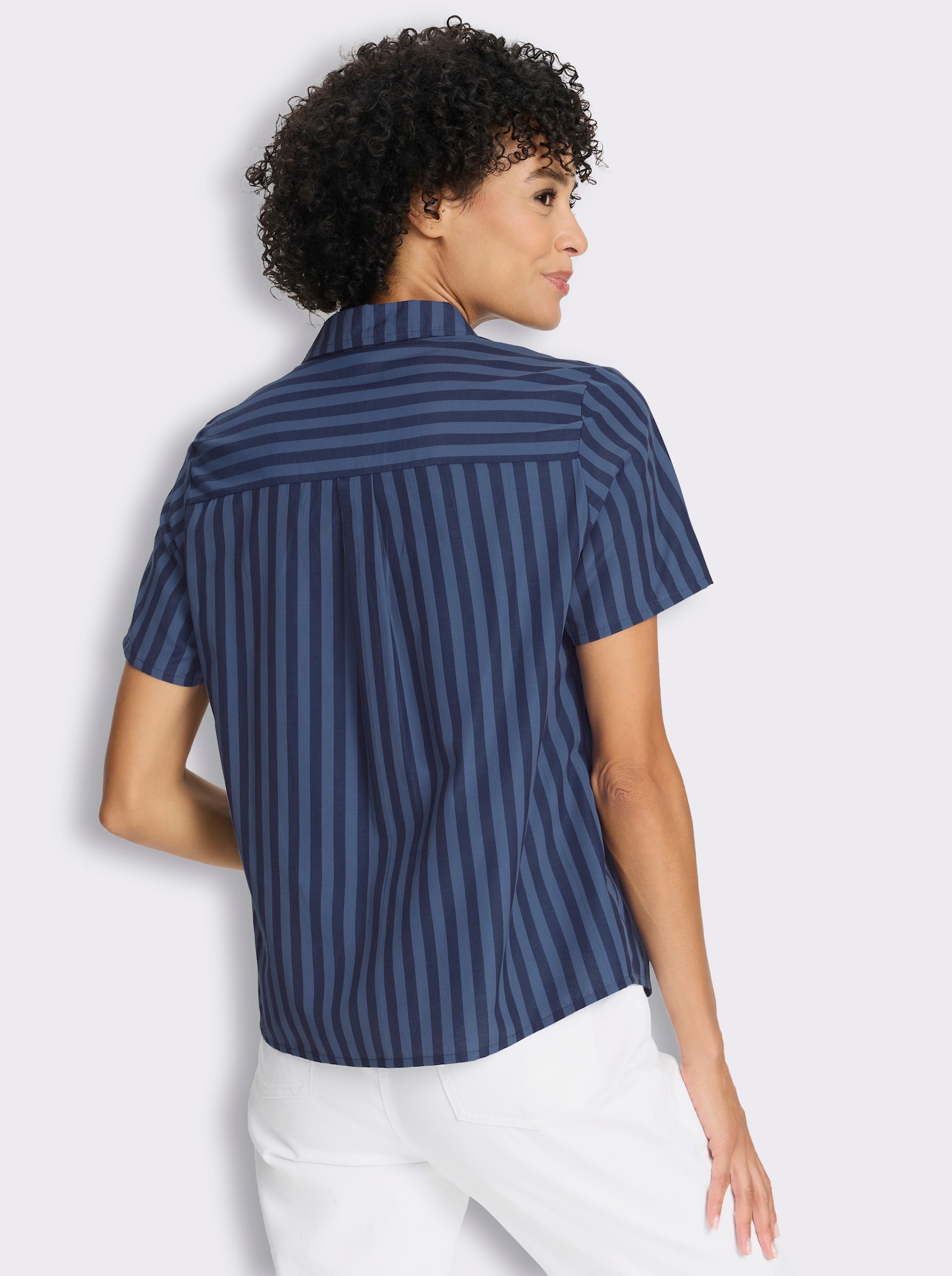 Kurzarm-Bluse mit Längsstreifen - dunkelblau-gestreift