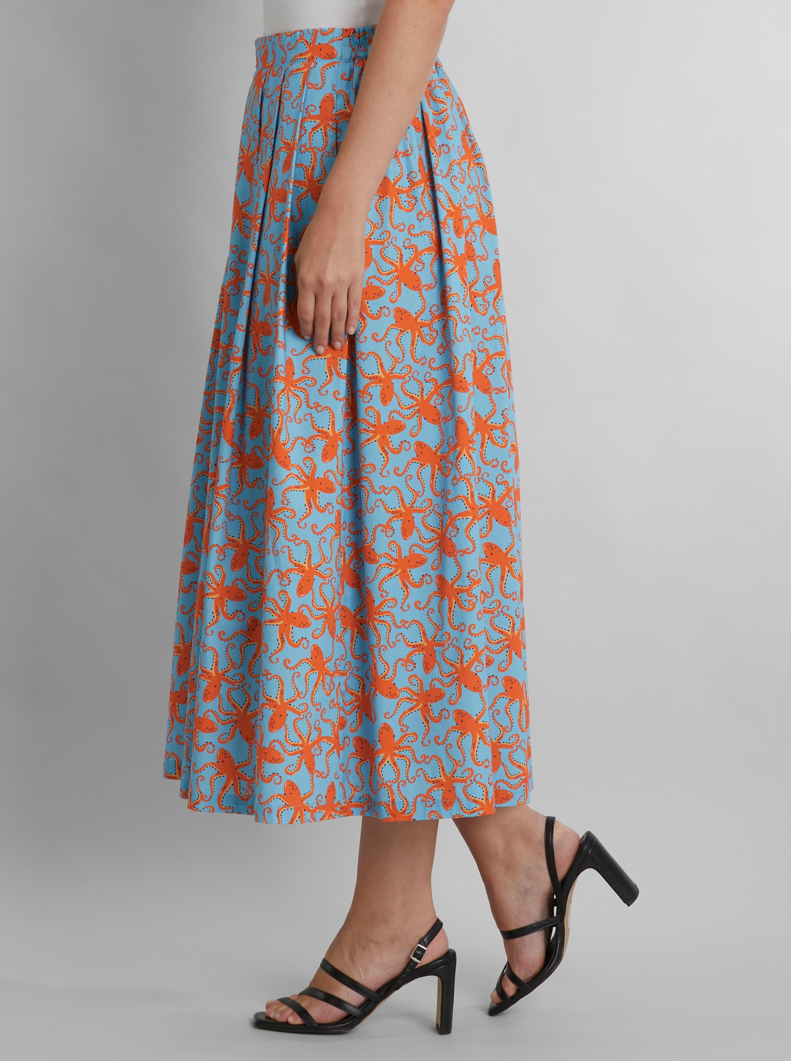 heine A-Linien-Rock mit Kraken-Print - aqua-orange-bedruckt