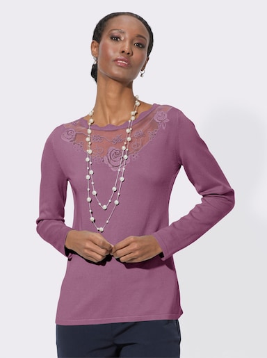 Feinstrickpullover mit besticktem Chiffon-Einsatz - violett