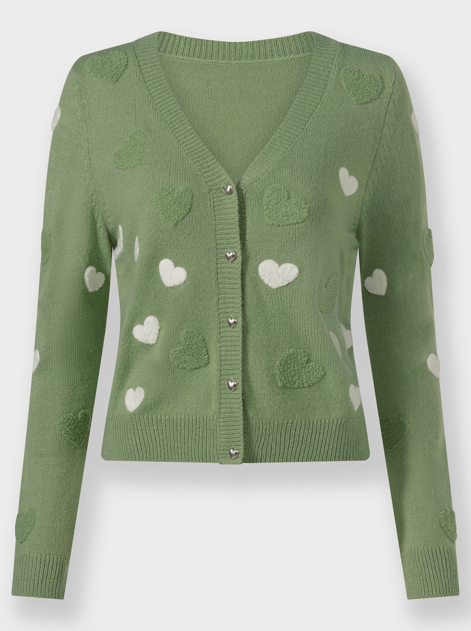 Strickjacke mit Herzchen-Applikationen - eucalyptus-ecru-gemustert