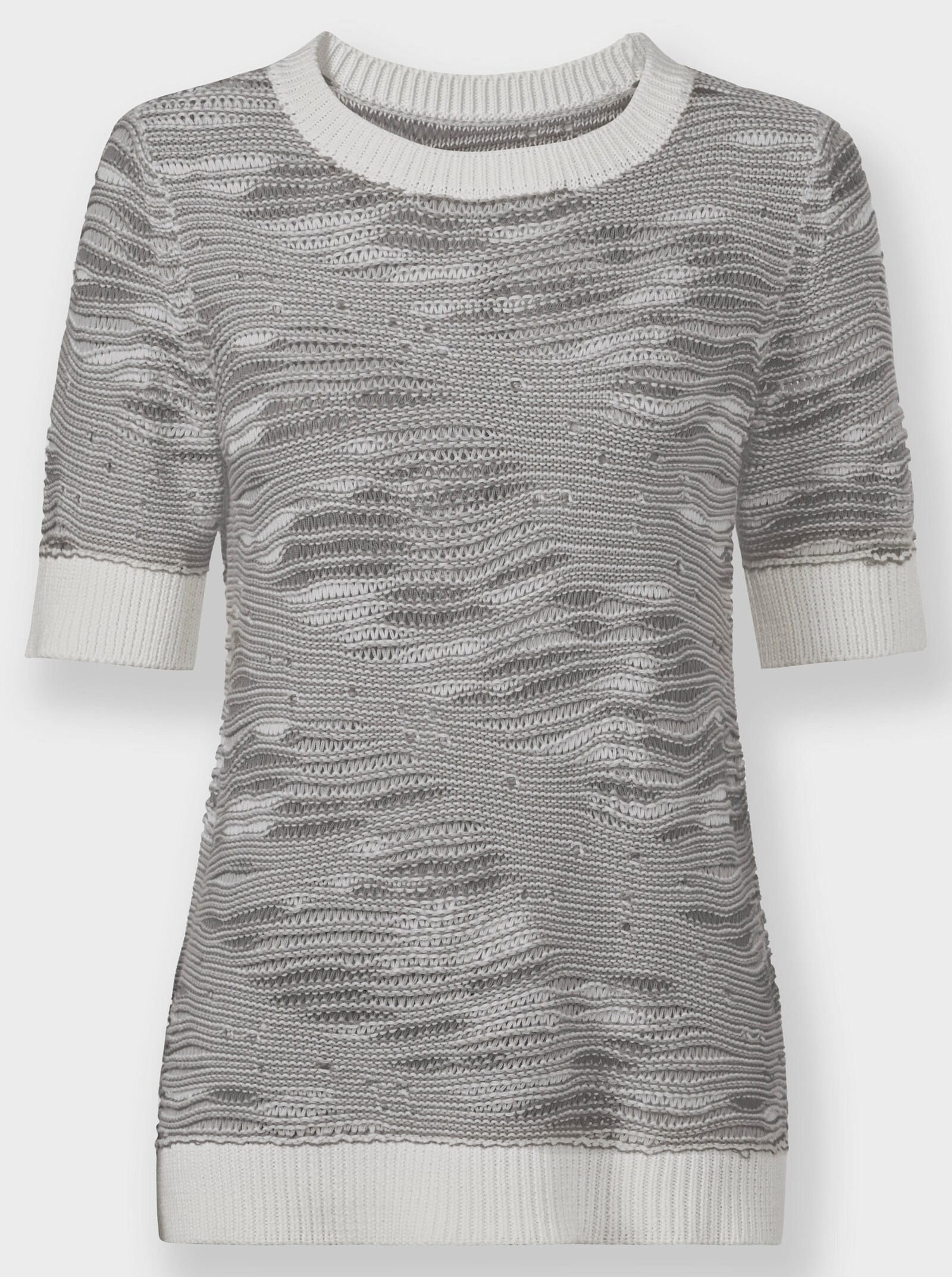 Kurzarmpullover in Jacquard-Strick - grau-weiss-gemustert
