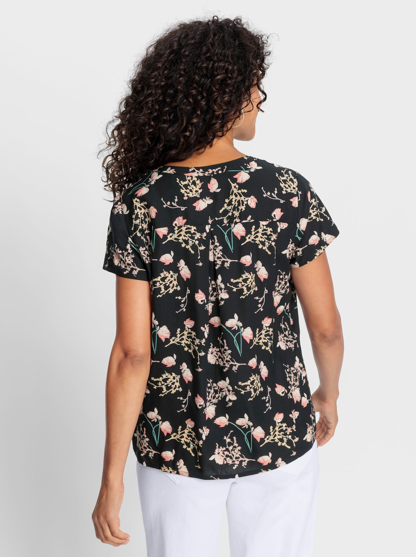 Kurzarm-Bluse mit floralem Druck - schwarz-weiss-gemustert