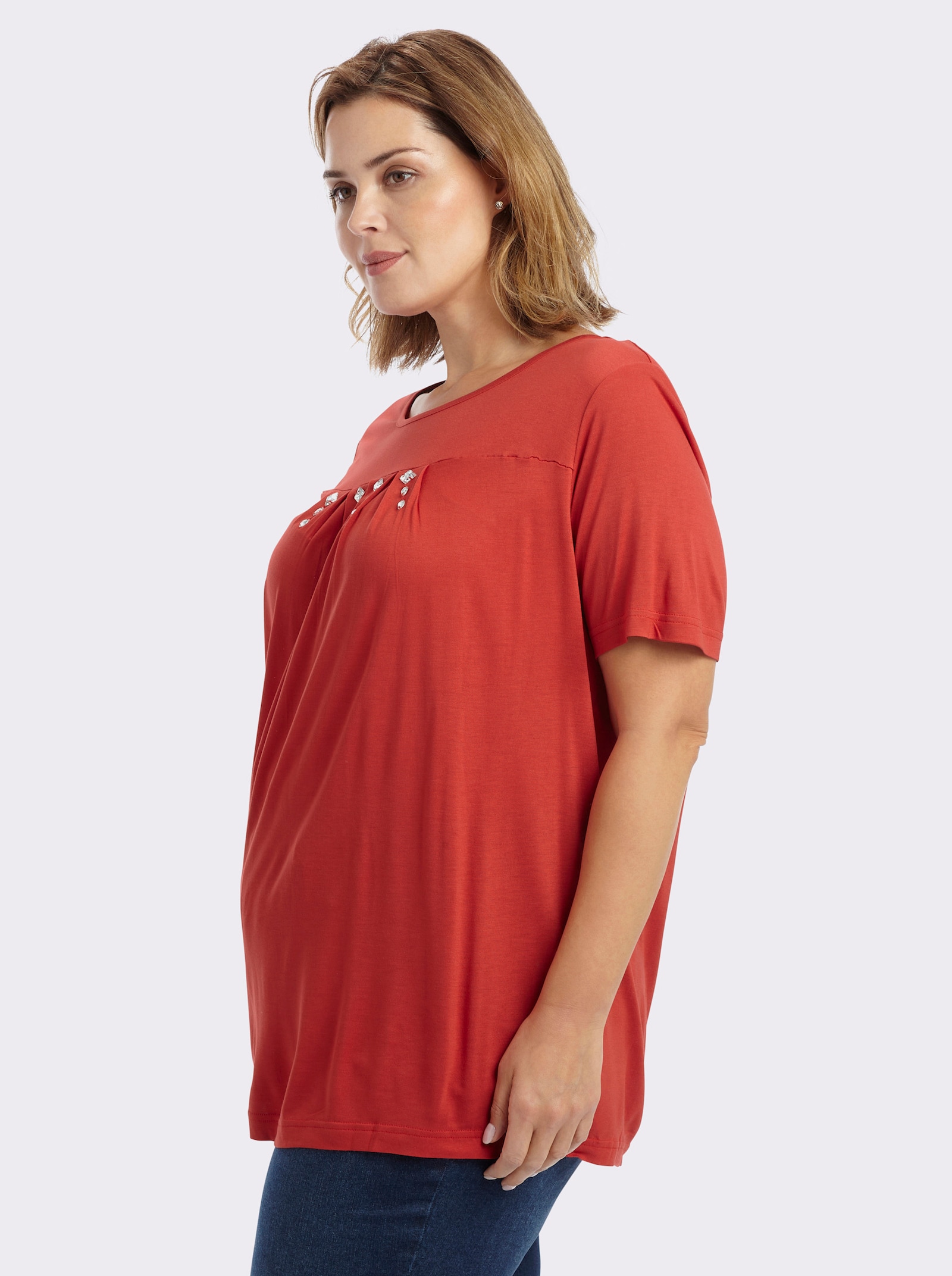 Kurzarmshirt mit Ziersteinchen, reine Viskose - erdbeere