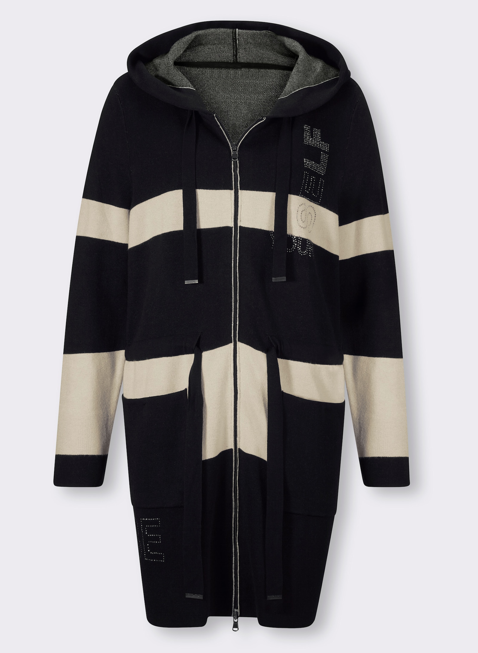 heine Kapuzenstrickjacke mit 2-Wege-Reißverschluss - elfenbein-schwarz-gemustert