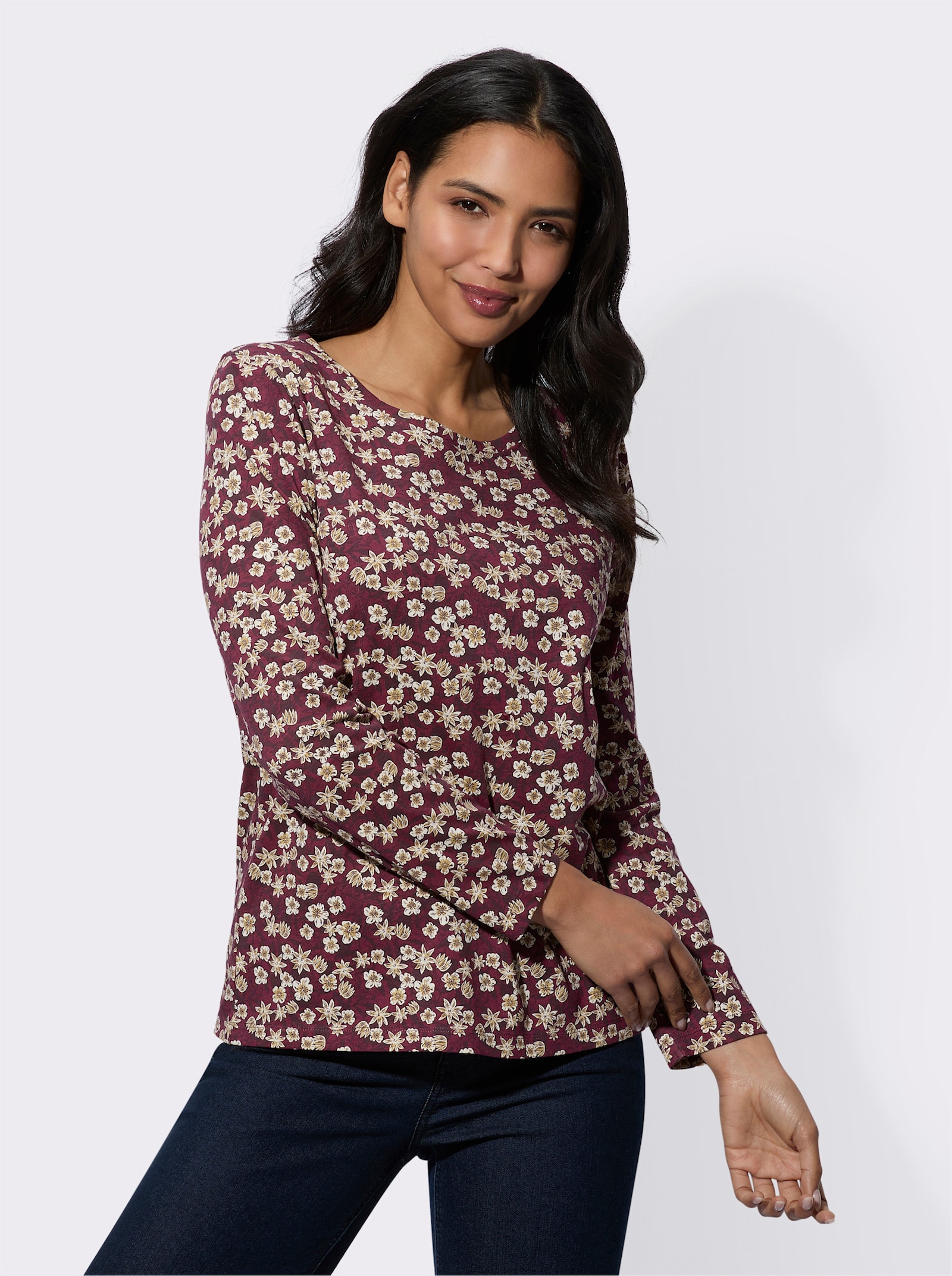Langarmshirt mit floralem Druck - bordeaux-burgund-bedruckt