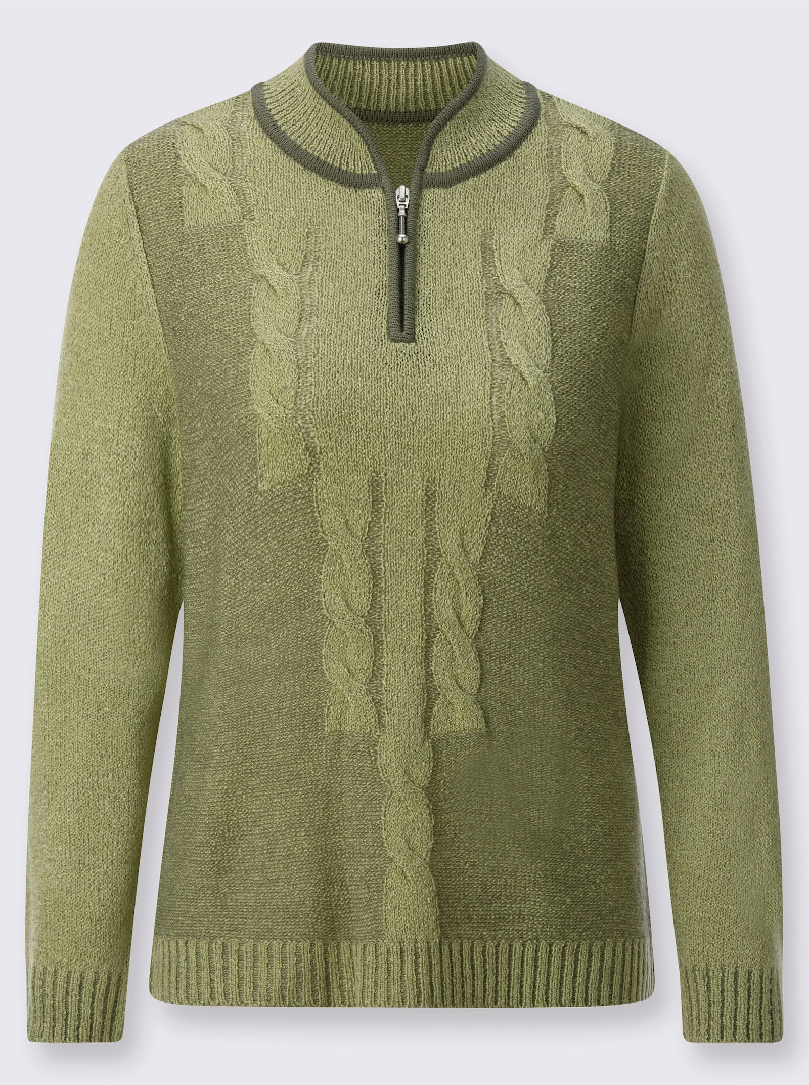 Bouclé-Pullover mit Zopfmuster - lindgrün-meliert