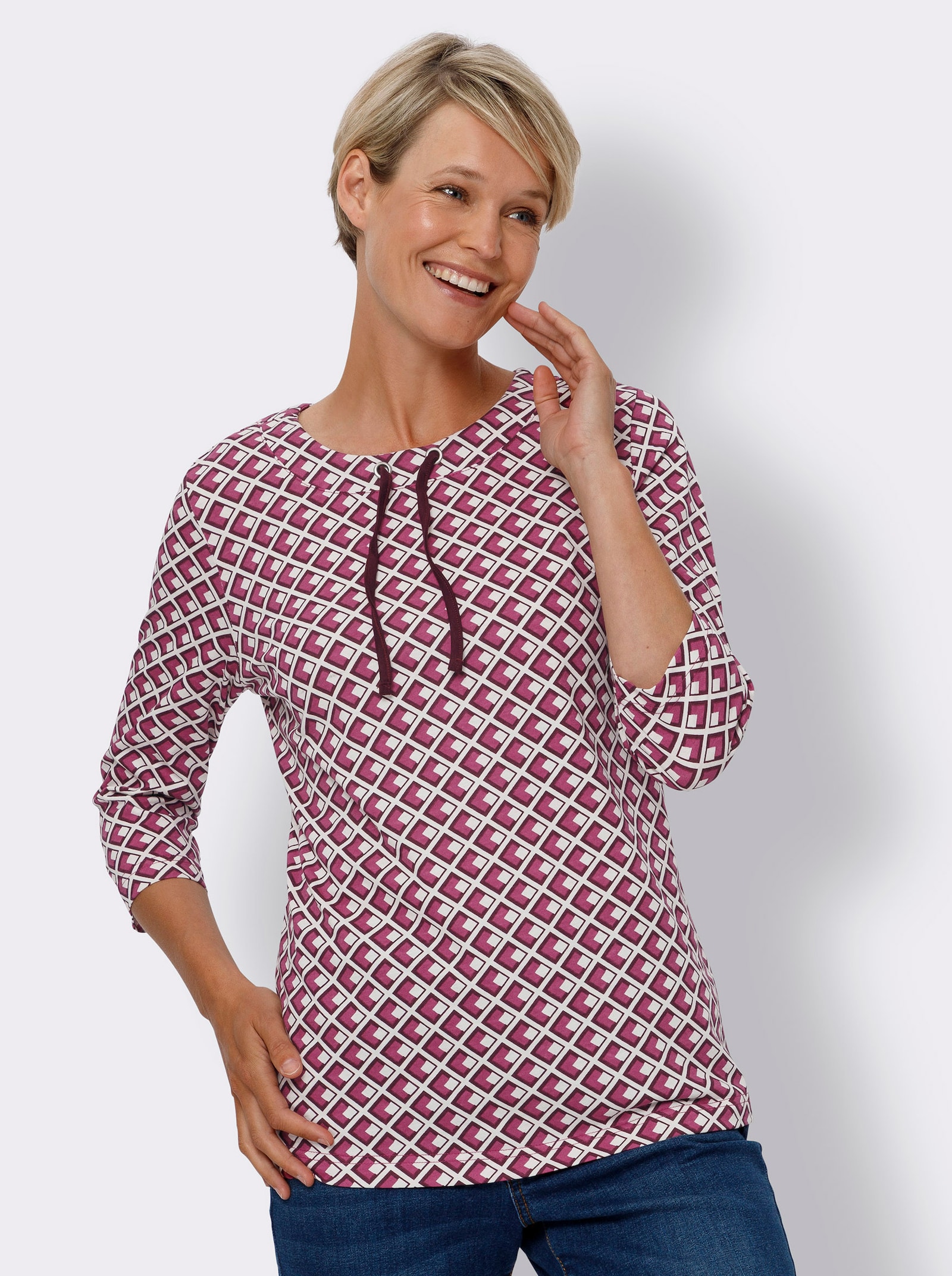 Tričko s 3/4 rukávem a grafickým potiskem - ecru-burgundská-potisk