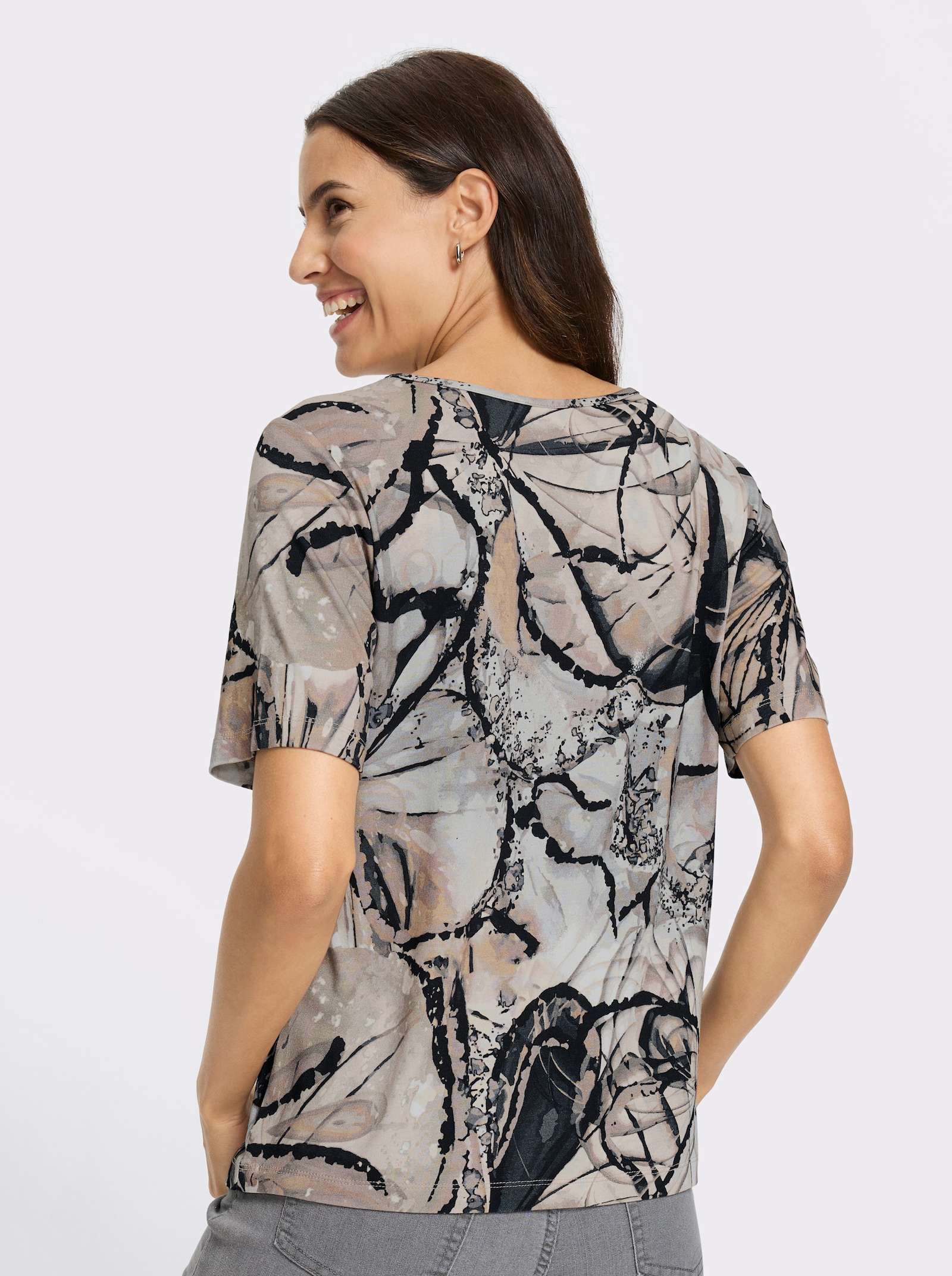 Kurzarmshirt im floralen Druck-Dessin - sesam-schwarz-bedruckt