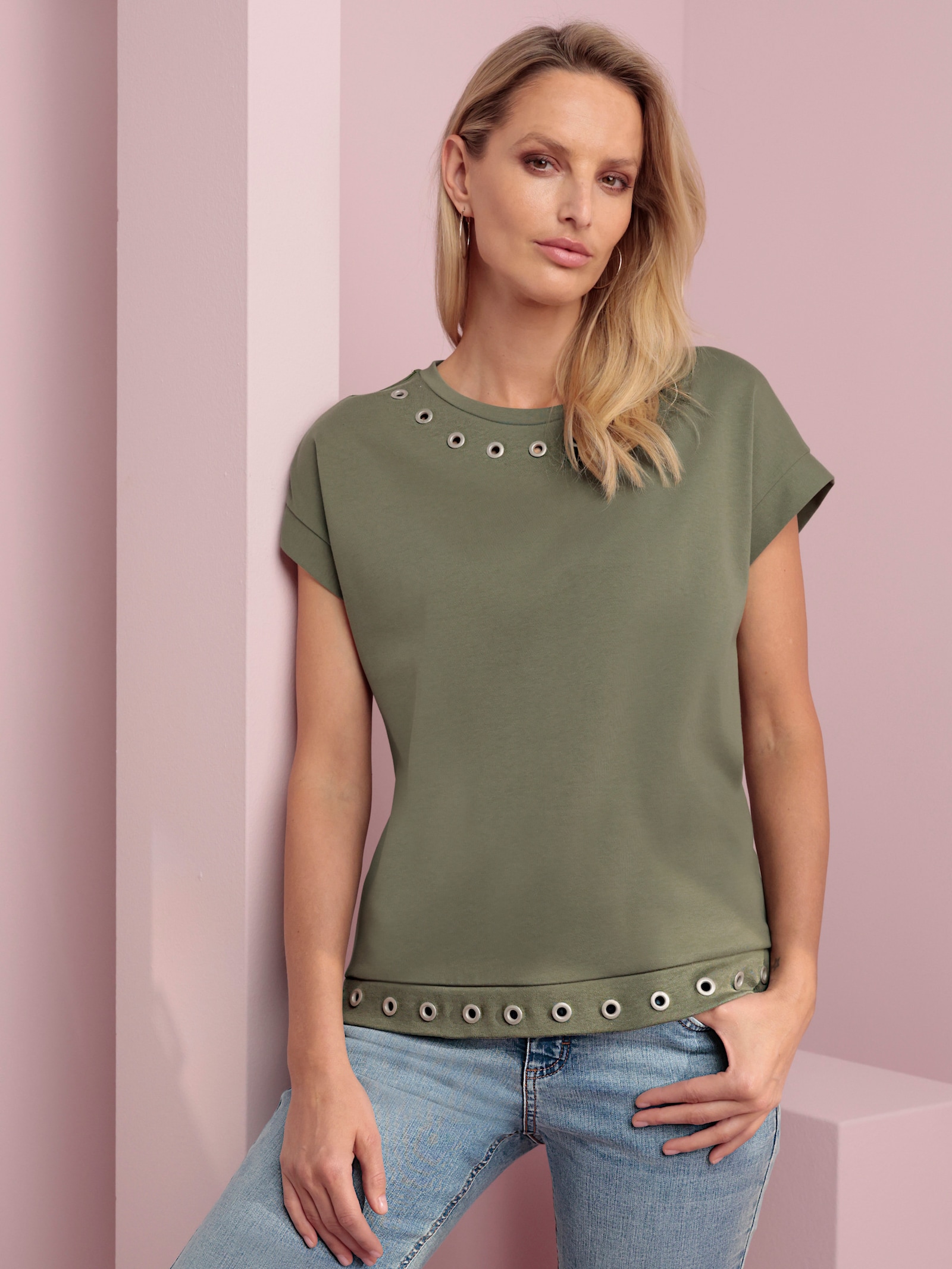 heine Kurzarmshirt mit Ösen-Verzierung - khaki