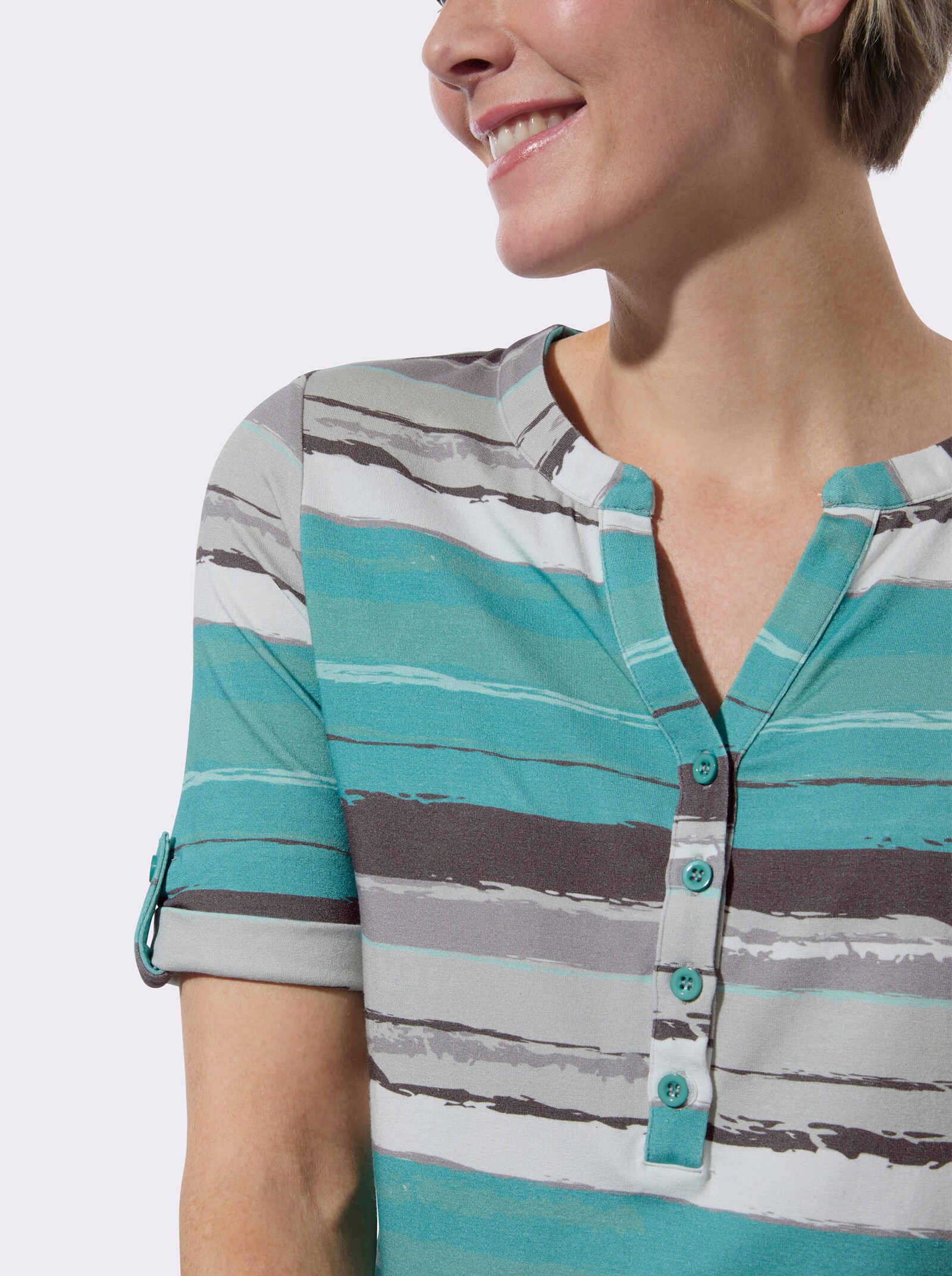Rundhalsshirt mit kurzer Knopfleiste - mint-anthrazit-bedruckt