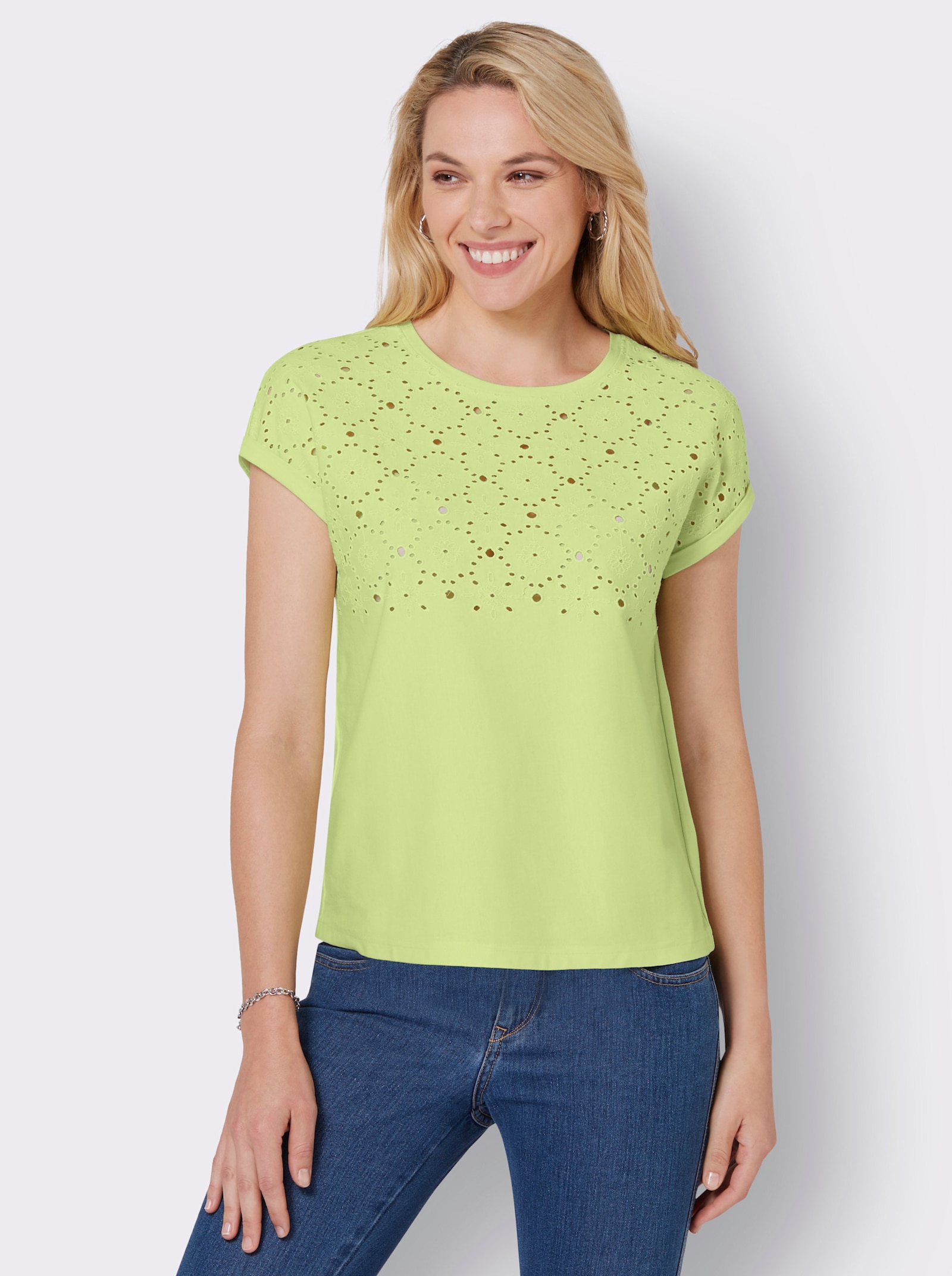 Rundhalsshirt mit Lochstickerei - pistazie