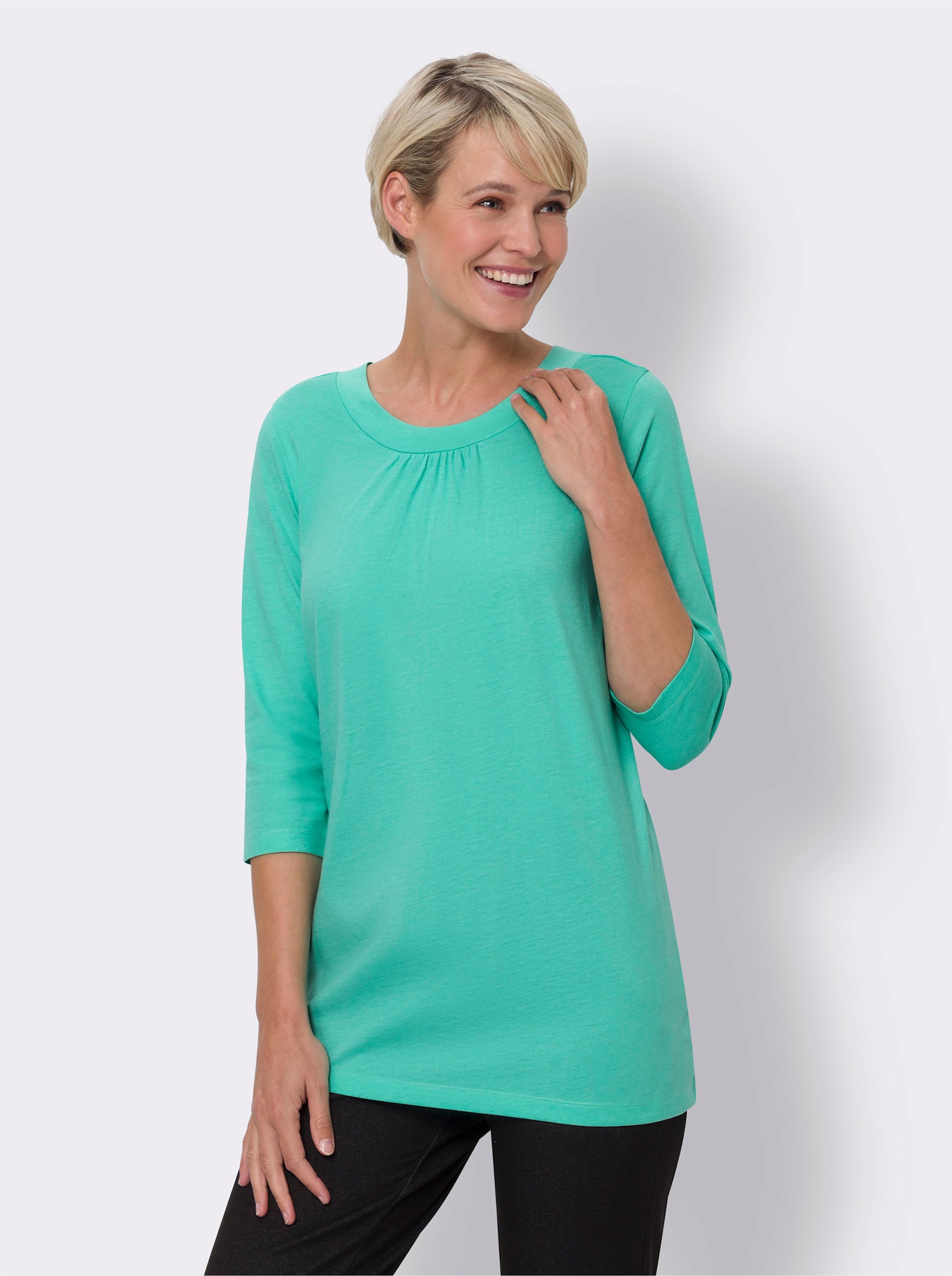 Longshirt mit Raffung am Ausschnitt - blaugrün-meliert