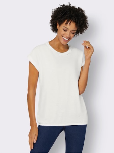 Rundhalsshirt mit überschnittenen Schultern - weiß