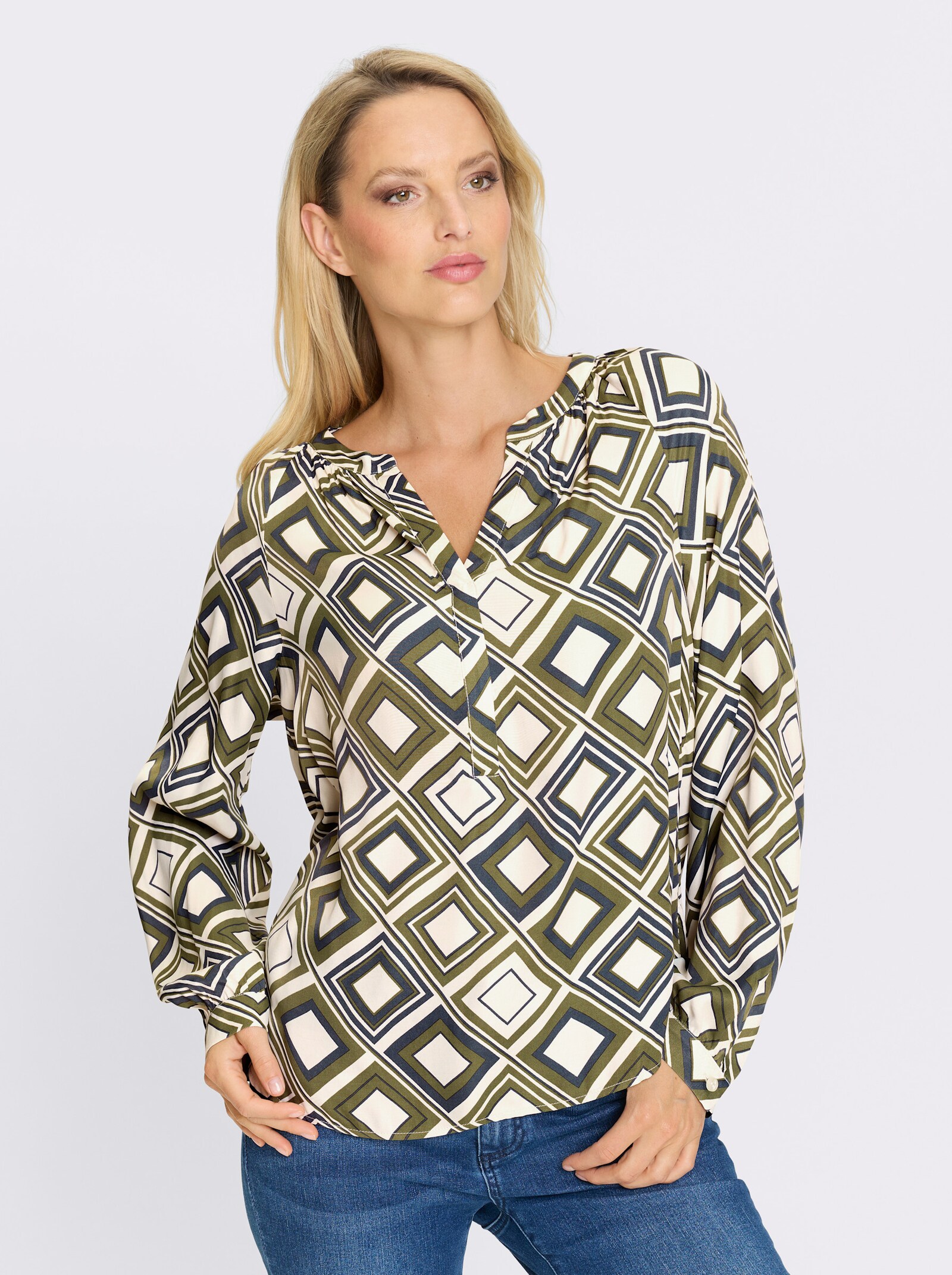 heine Druckbluse zum Überziehen - khaki-champagner-bedruckt