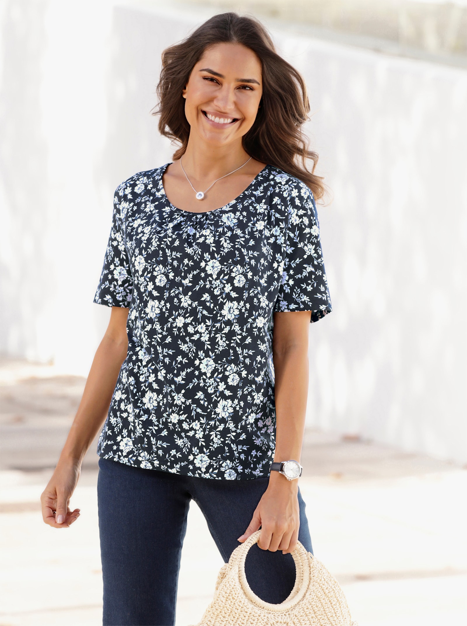 Kurzarmshirt mit floralem Druck - marine-hellblau-bedruckt