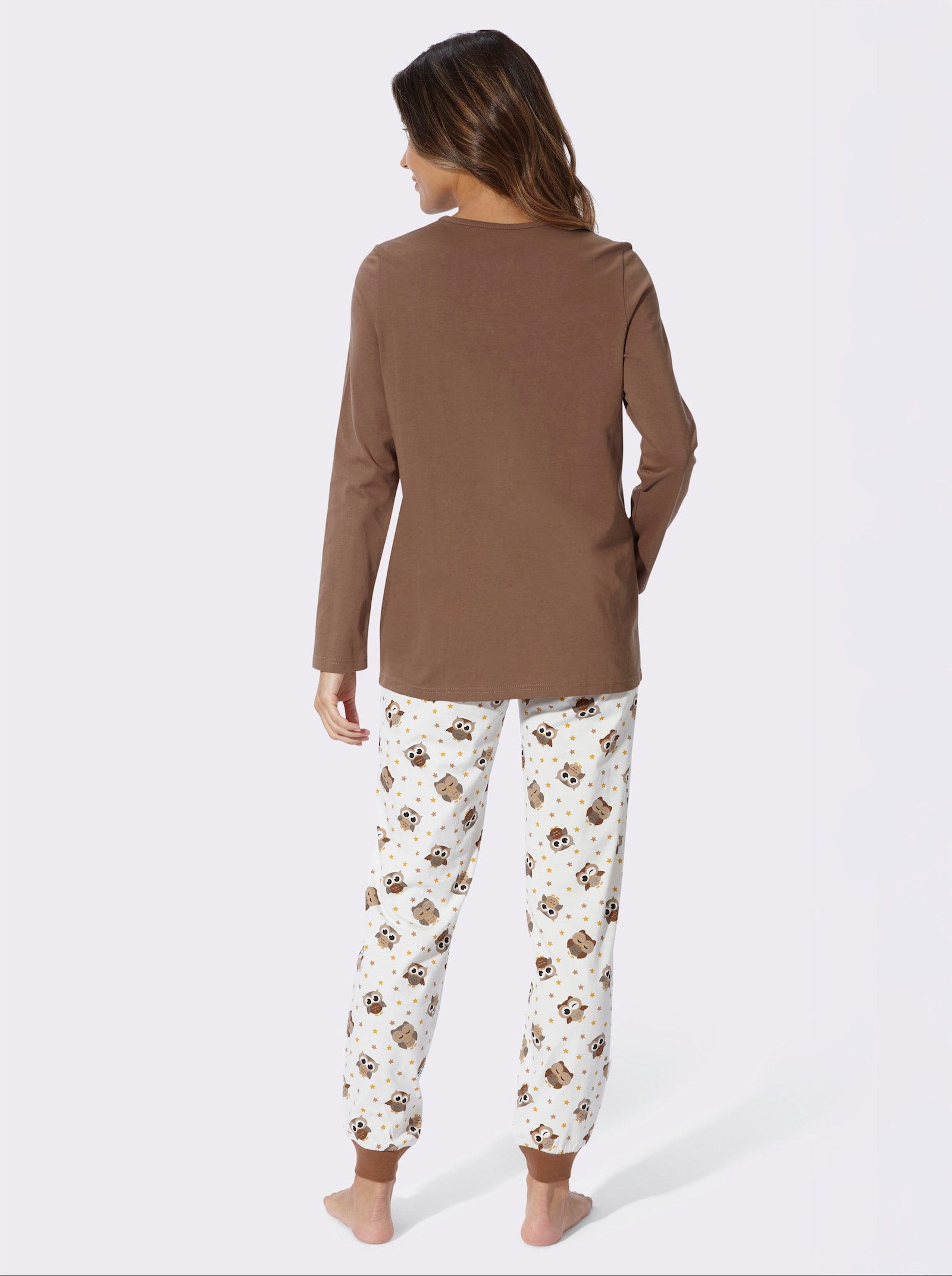 Schlafanzug Hose allover mit Eulen-Druck - braun-ecru-bedruckt