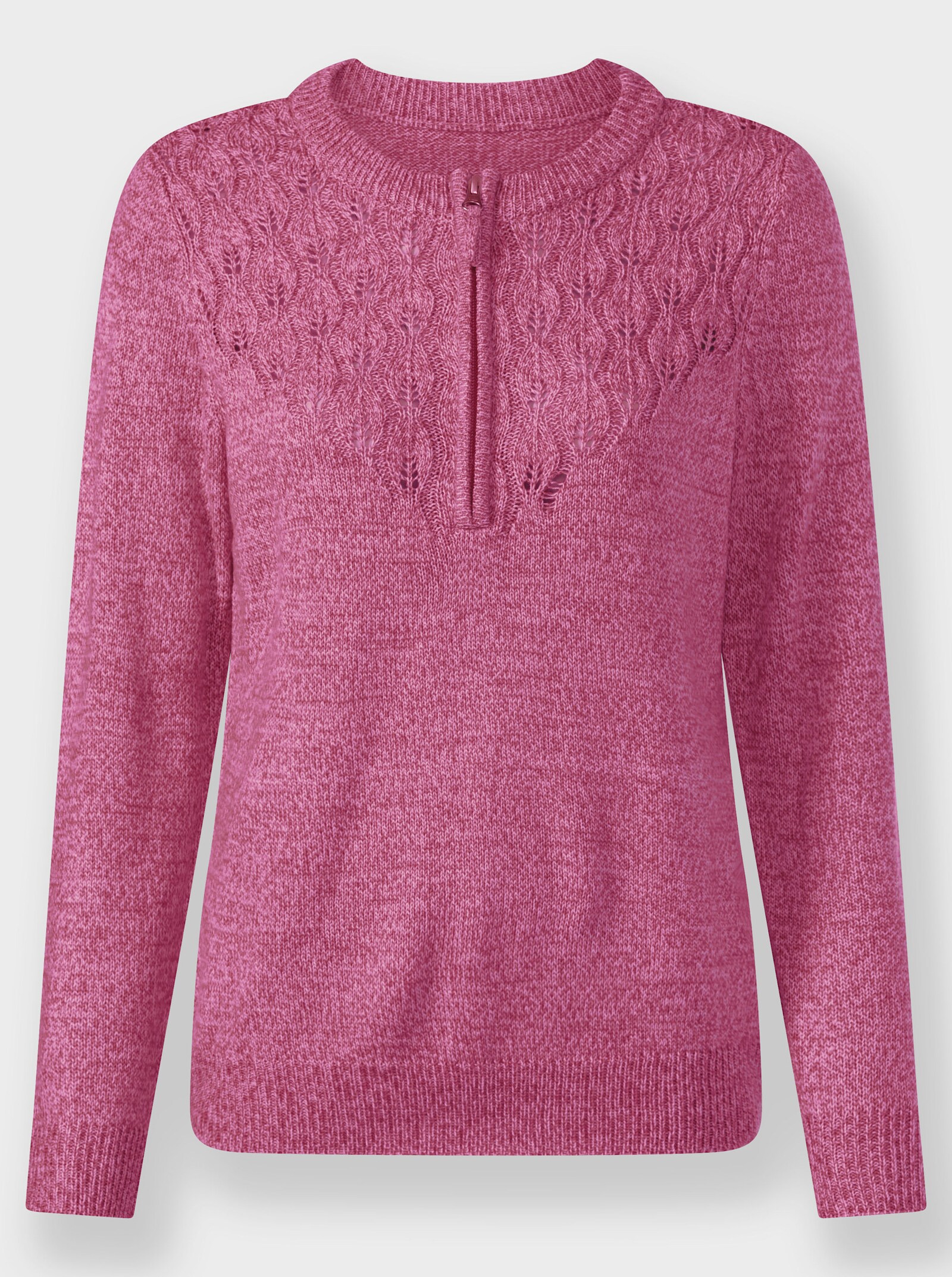 Rundhalspullover mit kurzem Reißverschluss - fuchsia-meliert