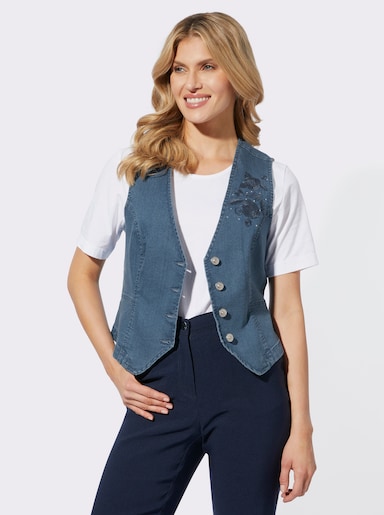 Jeansweste mit Blüten-Stickerei - blue-bleached