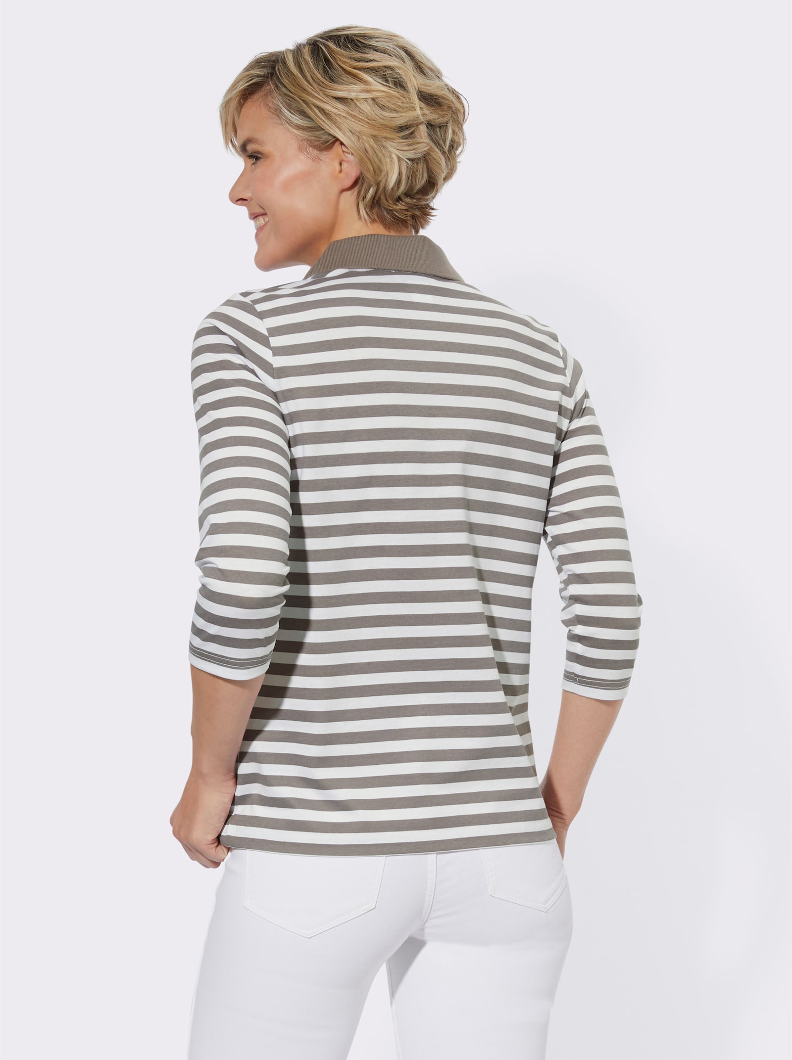 Poloshirt mit kurzer Knopfleiste - dunkeltaupe-weiß-geringelt