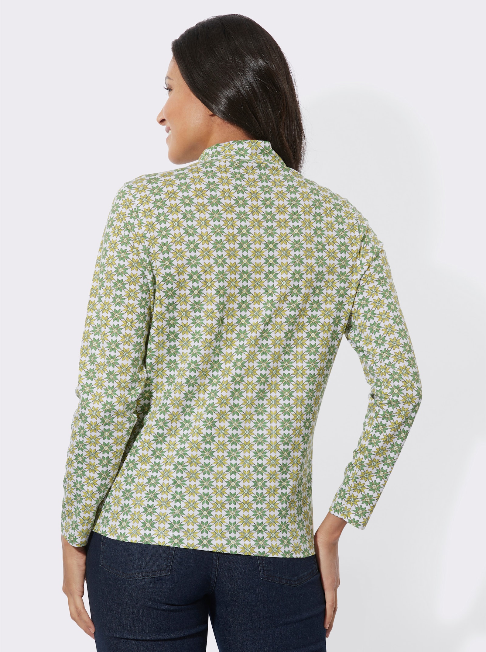 Stehkragenshirt mit Cut-out-Tropfen - eucalyptus-ecru-bedruckt