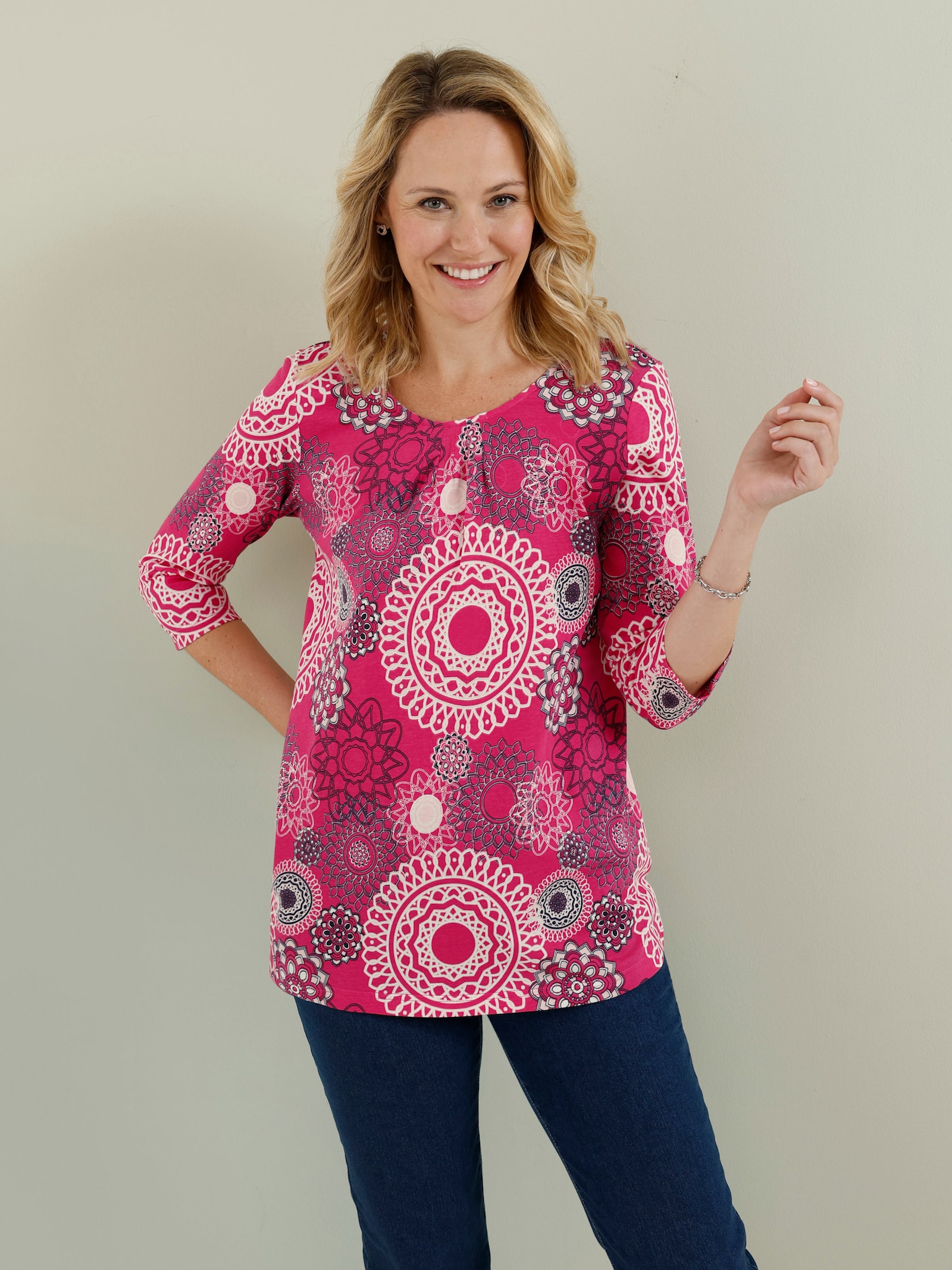 Longshirt mit Falten am Ausschnitt - pink-ecru-bedruckt