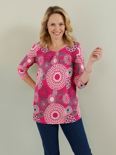 Longshirt mit Falten am Ausschnitt - pink-ecru-bedruckt