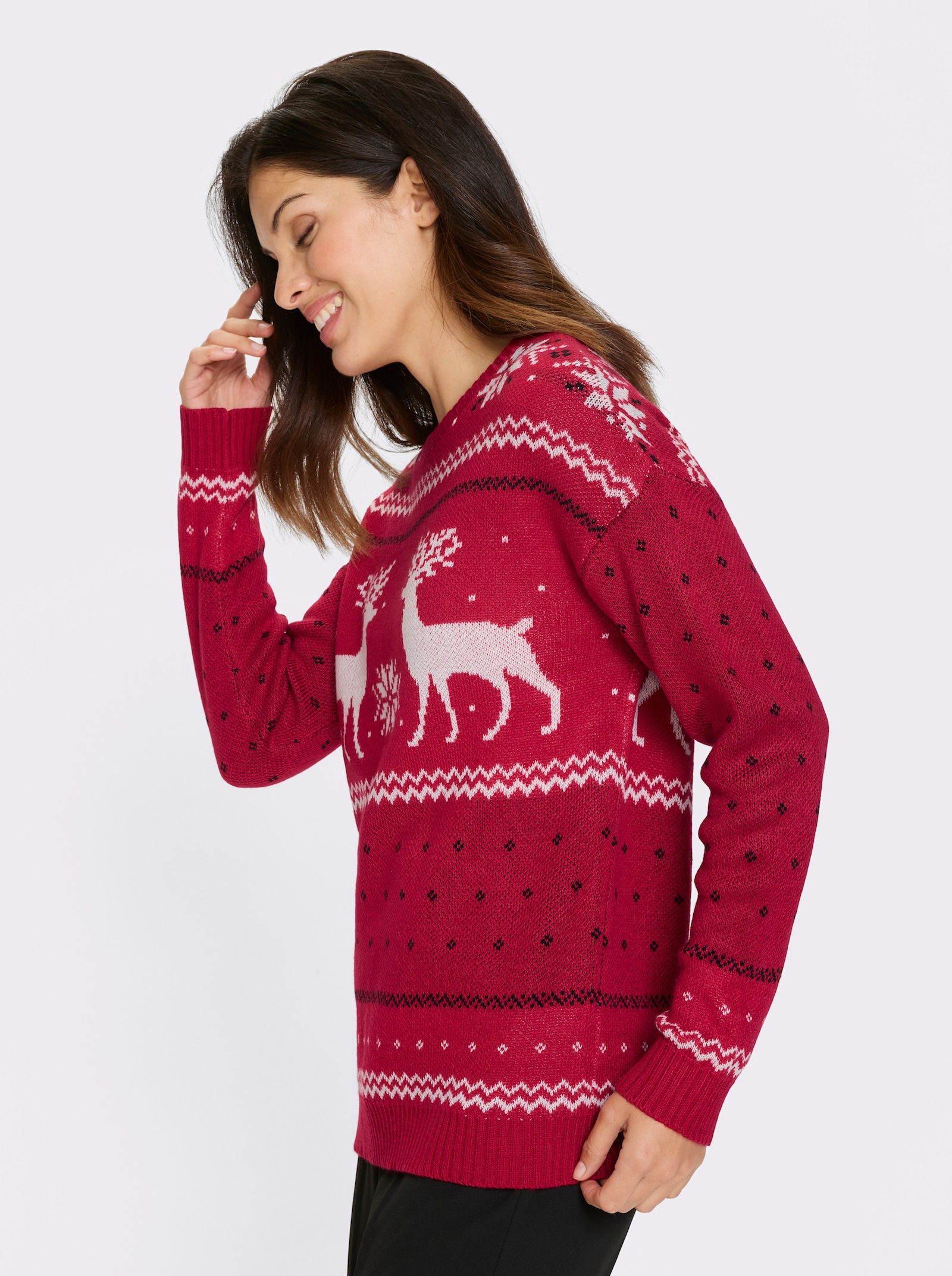 Svetr s dlouhým rukávem s motivem soba - červená-ecru-vzor