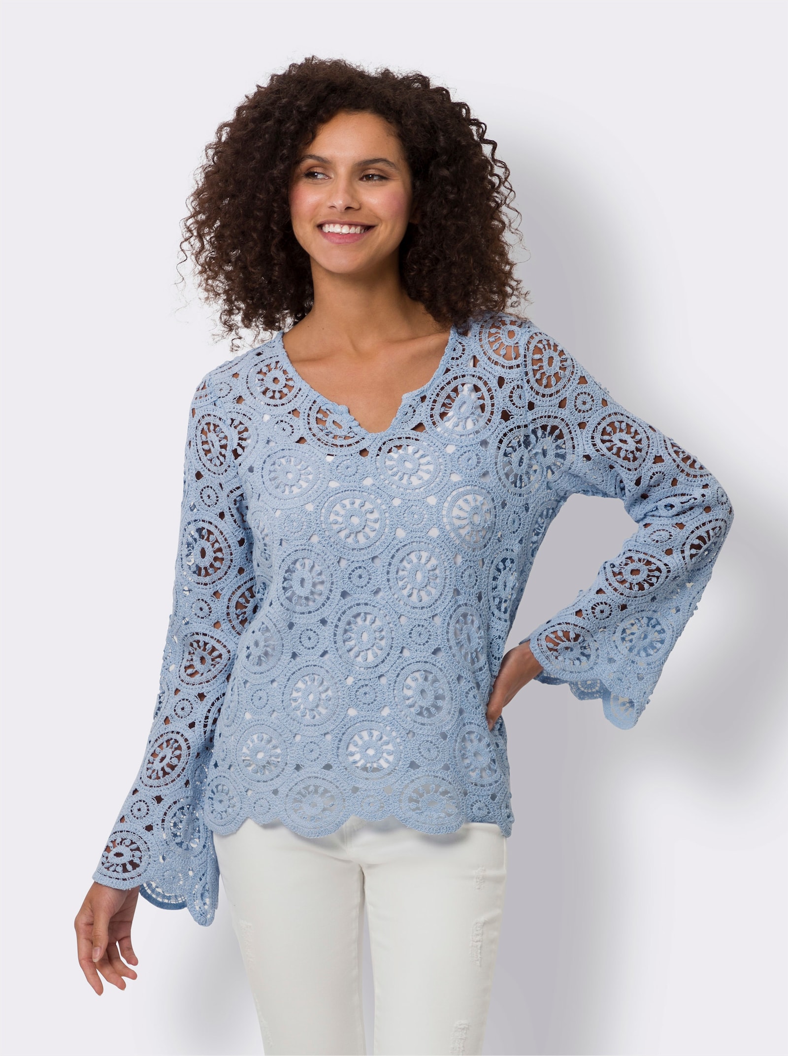 heine Langarmshirt aus Makramee-Spitze - hellblau