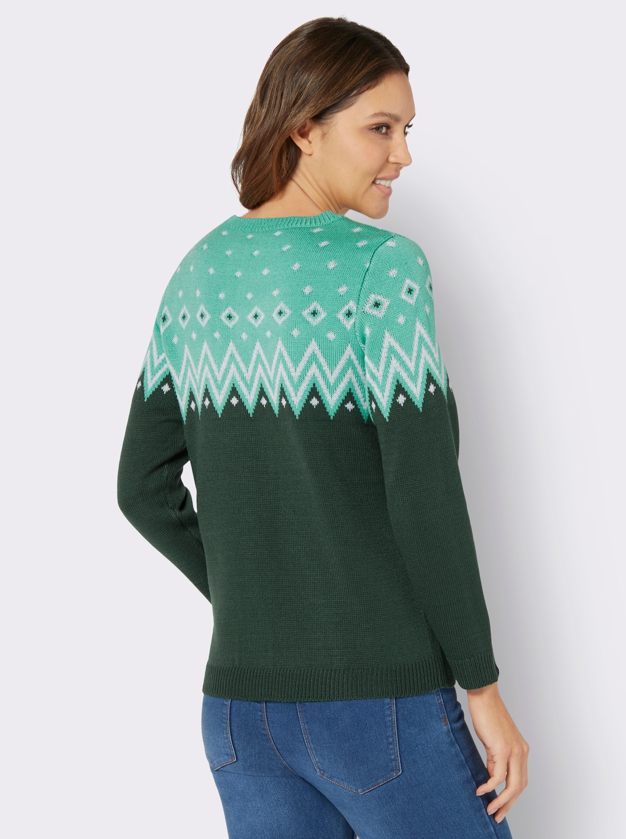 Noorse trui van jacquard - mos/blauwgroen gedessineerd