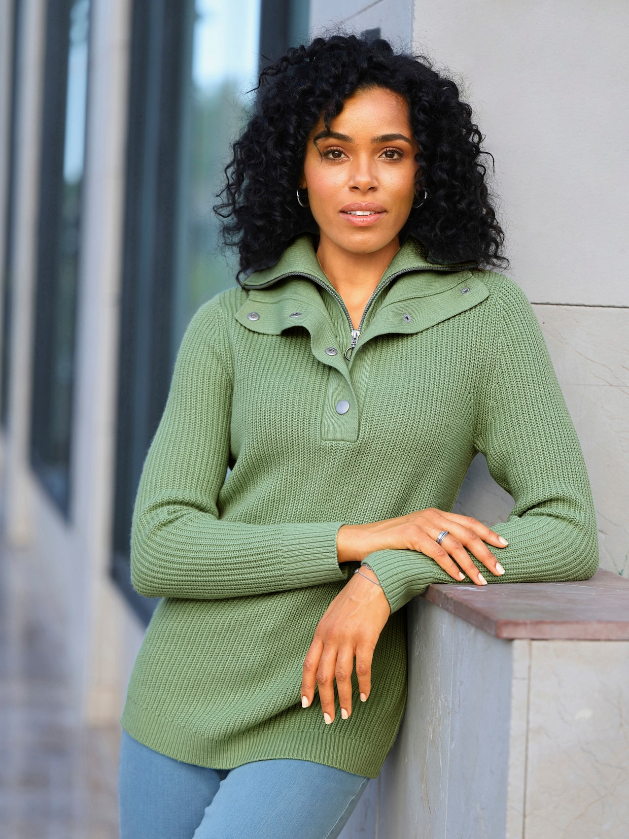 Schipperstrui met dubbele kraag - eucalyptus