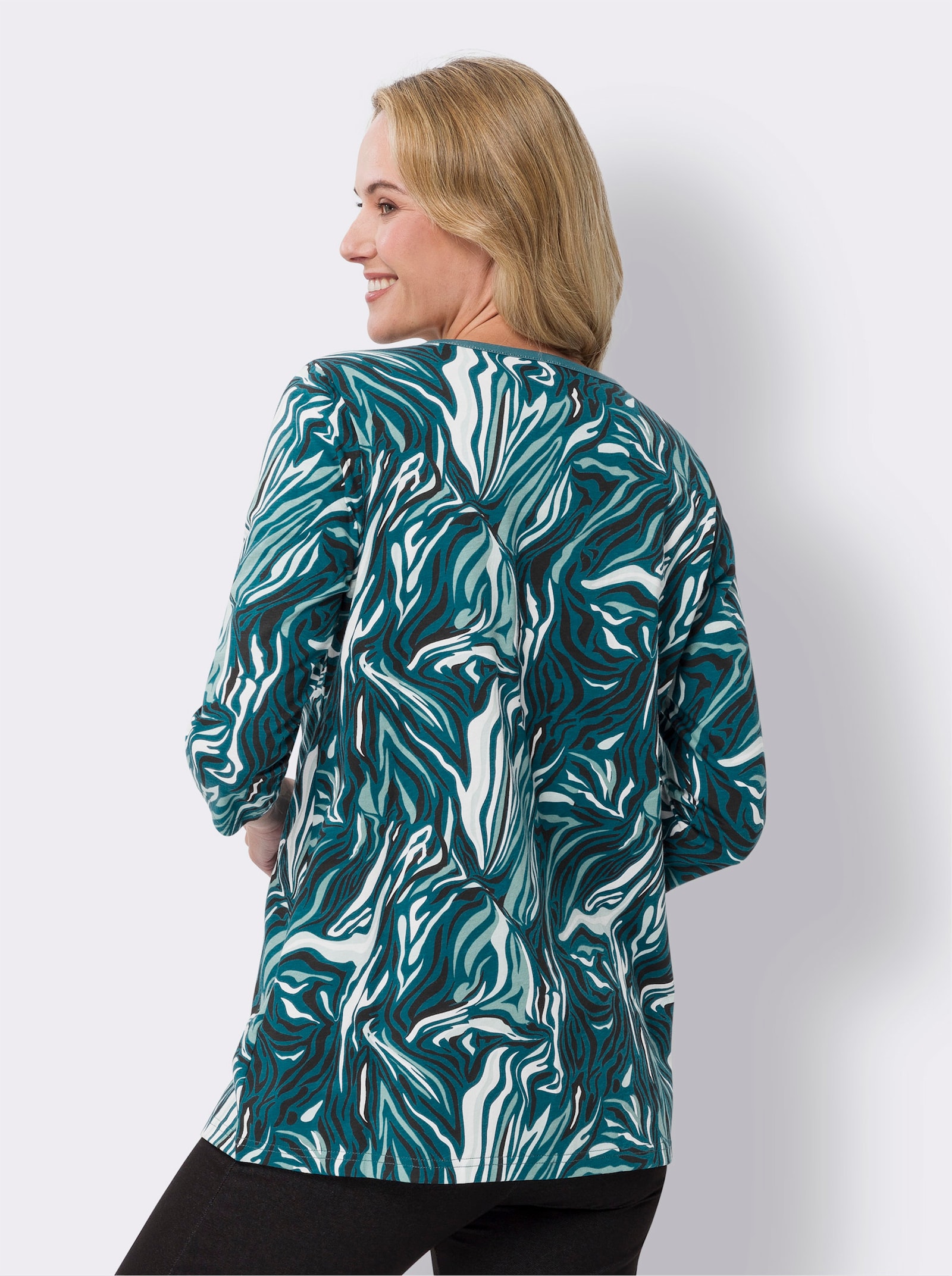 Longshirt mit Raffung am Ausschnitt - aquapetrol-ecru-bedruckt