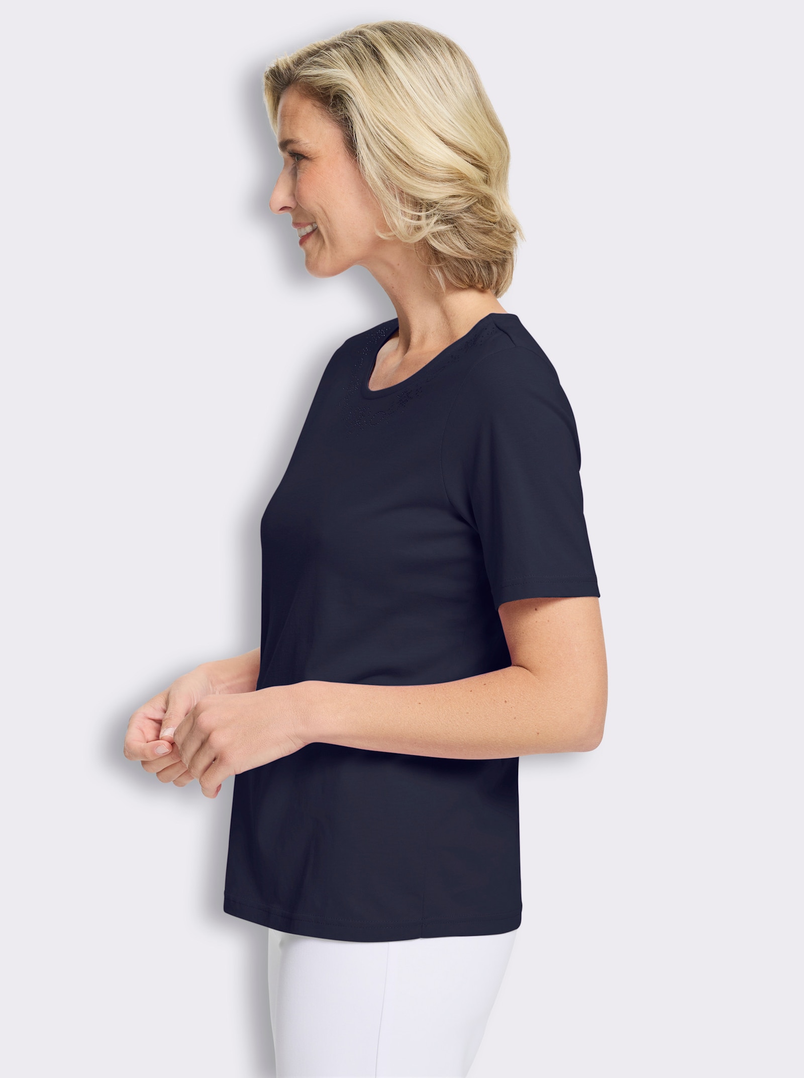 Kurzarmshirt mit Glitzersteinchen-Applikation - marine