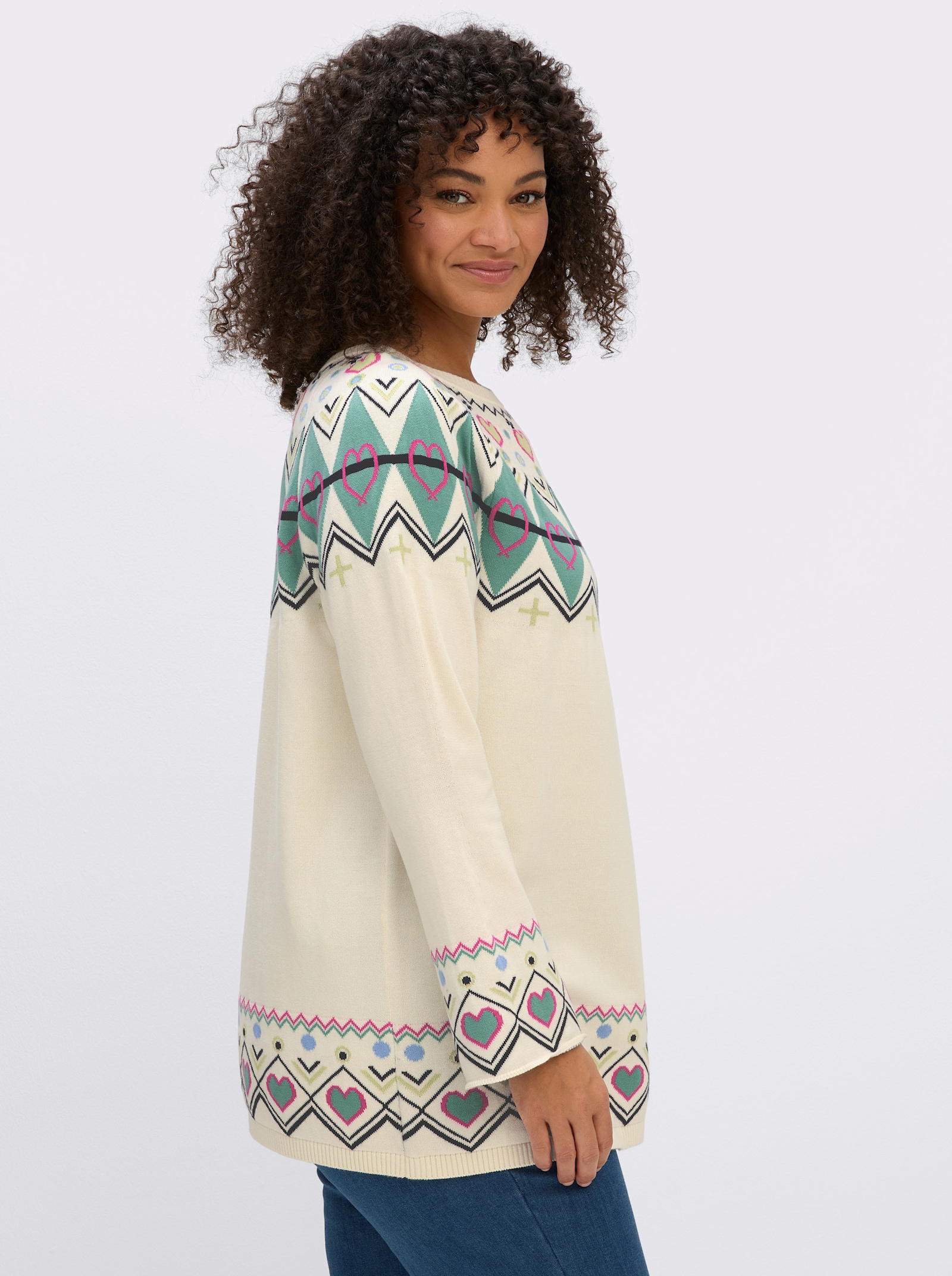 sheego Norwegerpullover mit Trompetenärmeln - champagner-salbei-gemustert