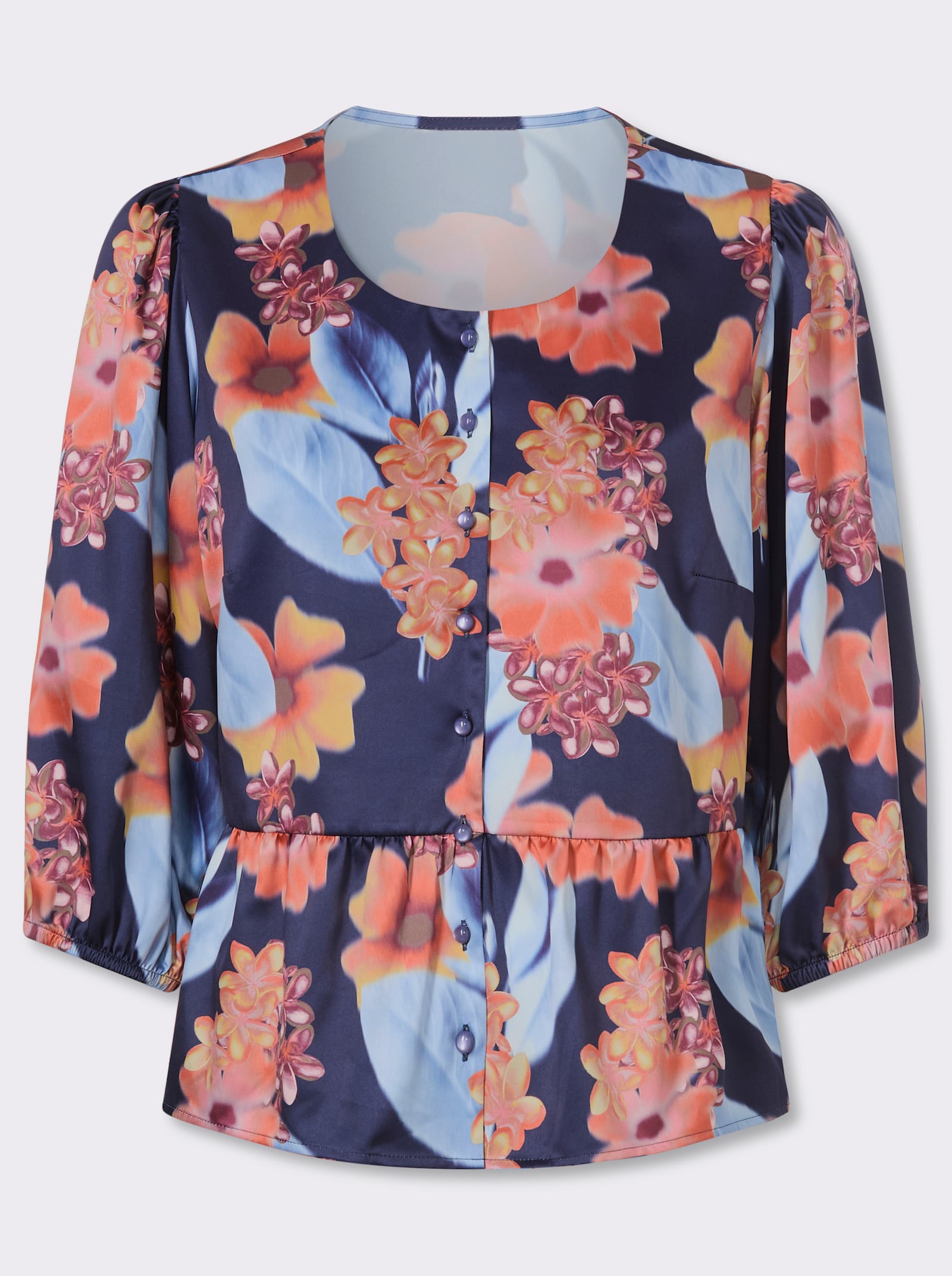 Druckbluse in Satin-Qualität - marine-papaya-bedruckt