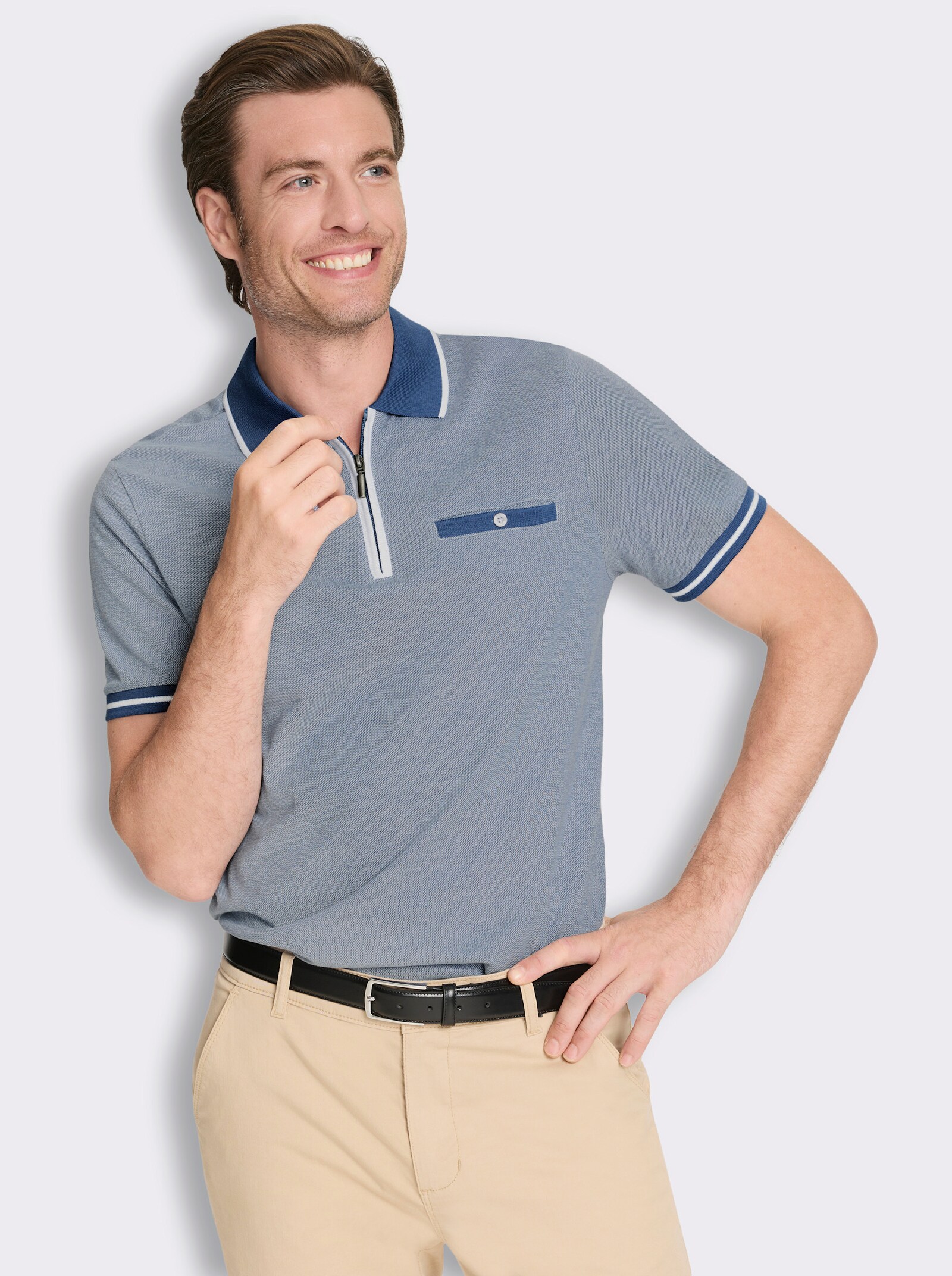 Marco Donati Kurzarmshirt mit Reißverschluss - jeansblau-gemustert