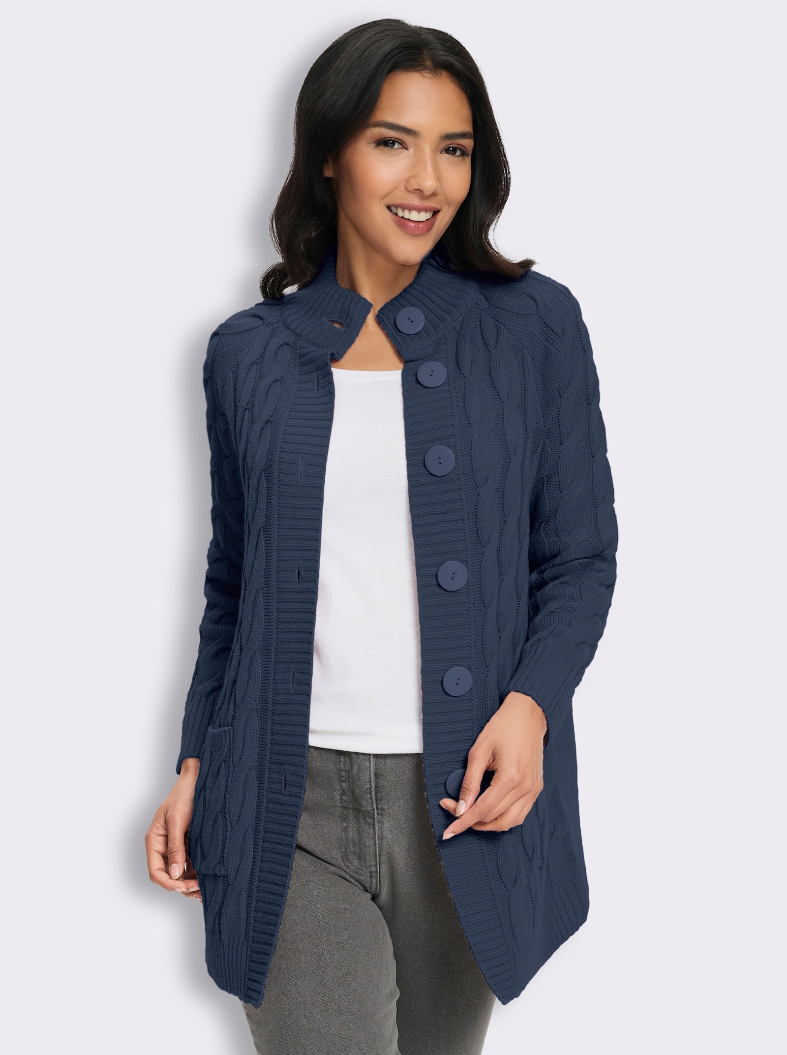 Longstrickjacke mit Zopfmuster - rauchblau
