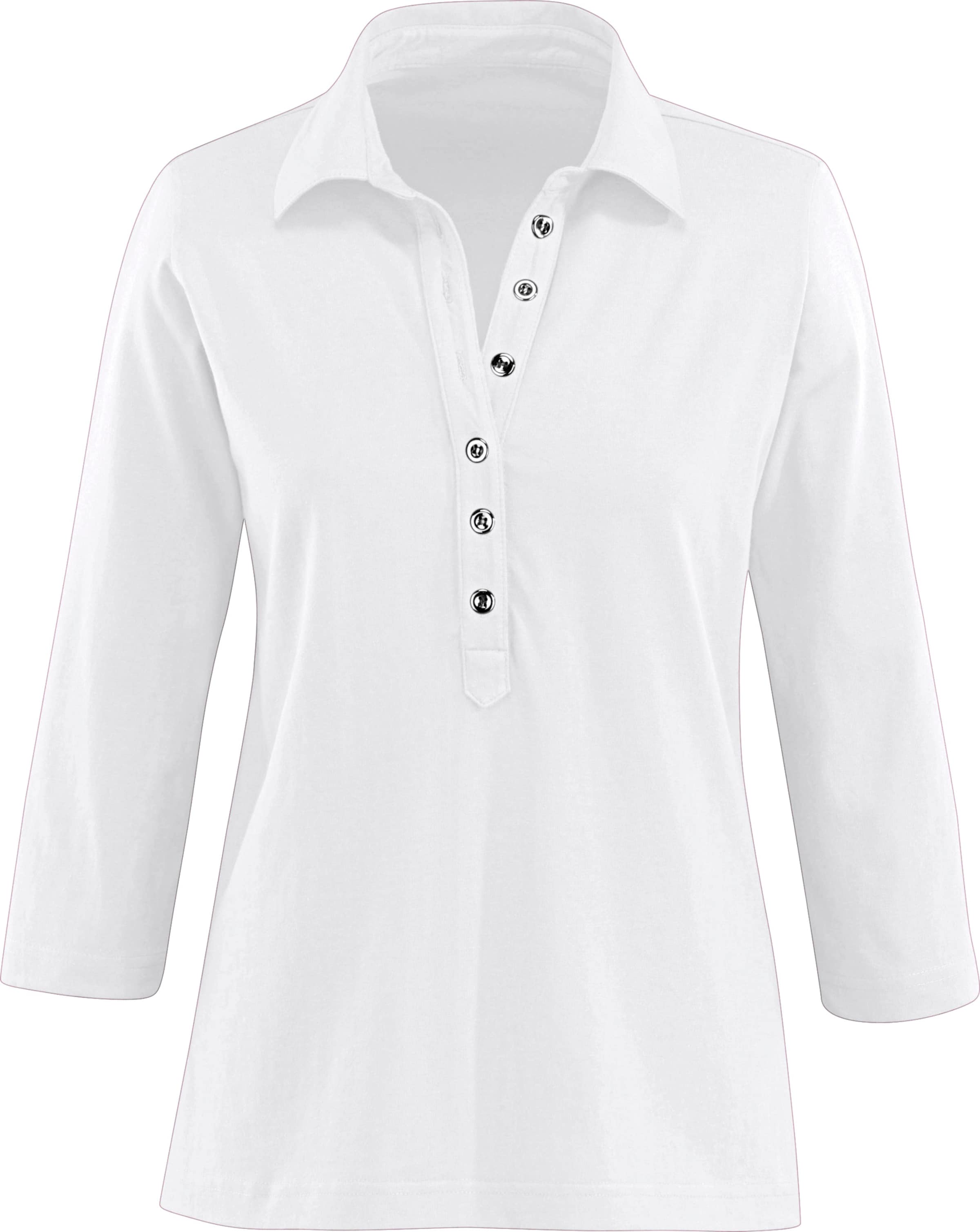 Poloshirt mit günstig Kaufen-Poloshirt in weiß von heine. Poloshirt in weiß von heine <![CDATA[Poloshirt in weicher Qualität. Modisch lange Knopfleiste mit silberfarbenen Knöpfen. 3/4-­Ärmel. OCS-zertifiziertes Produkt.]]>. 