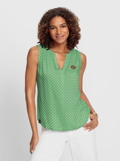 Blousetop met bies op het voorpand - appelgroen/wit bedrukt