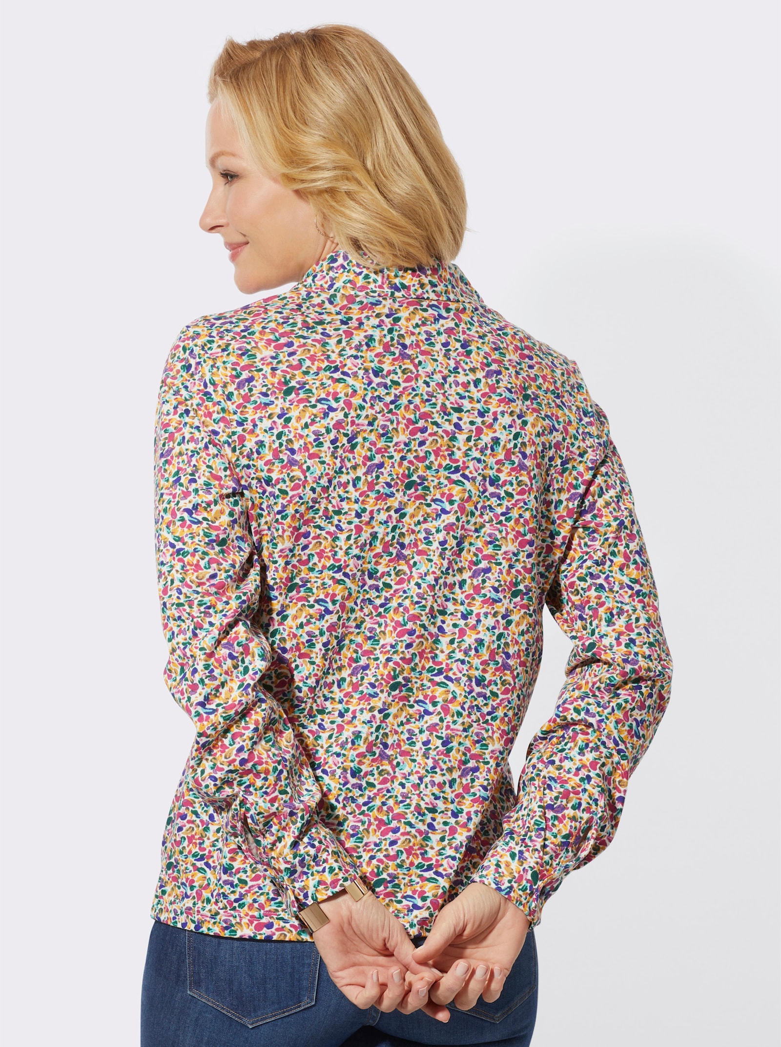 Jersey-Bluse in formstabiler Qualität - ecru-fuchsia-bedruckt