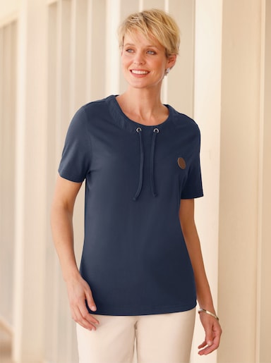 Kurzarmshirt mit Tunnelzug am Ausschnitt - dunkelblau